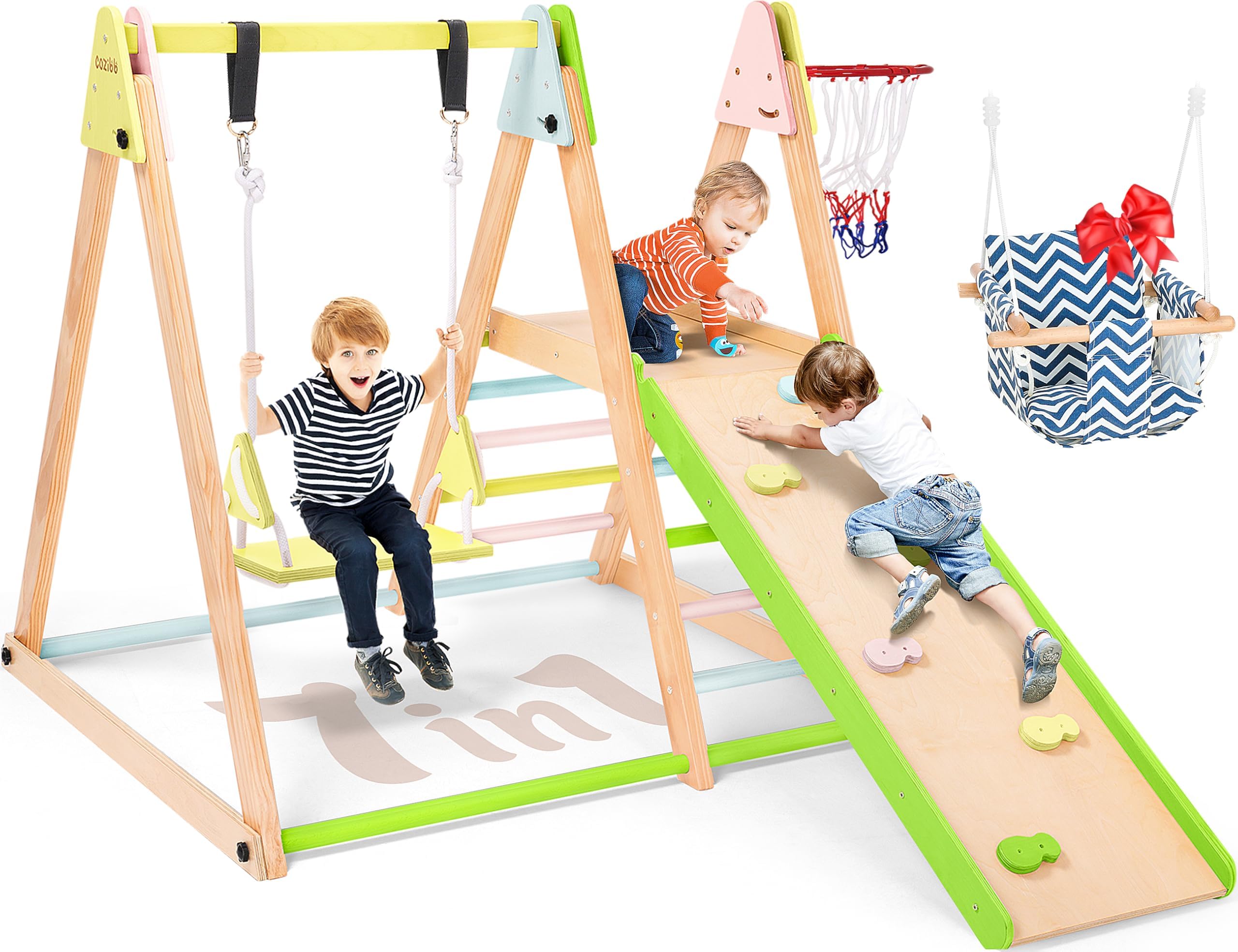7 in 1 Foldable Indoor Jungle Gym for Toddlers & Kids - Beechwood Playground with Slide, Baby Swing, Climbing Wall & Ladder - Wooden Climbing Toys Playset Gift for Boys & Girls (Multicolor) - Perfect for Home Playroom, Daycare & Indoor Activity Center