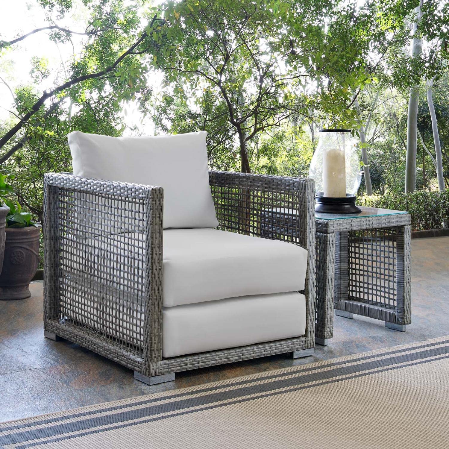 Modway Aura Wicker Rattan Outdoor Patio Arm Chair with Cushions - Gray White Water-Resistant Lounge Chair for Garden, Poolside & Backyard Relaxation