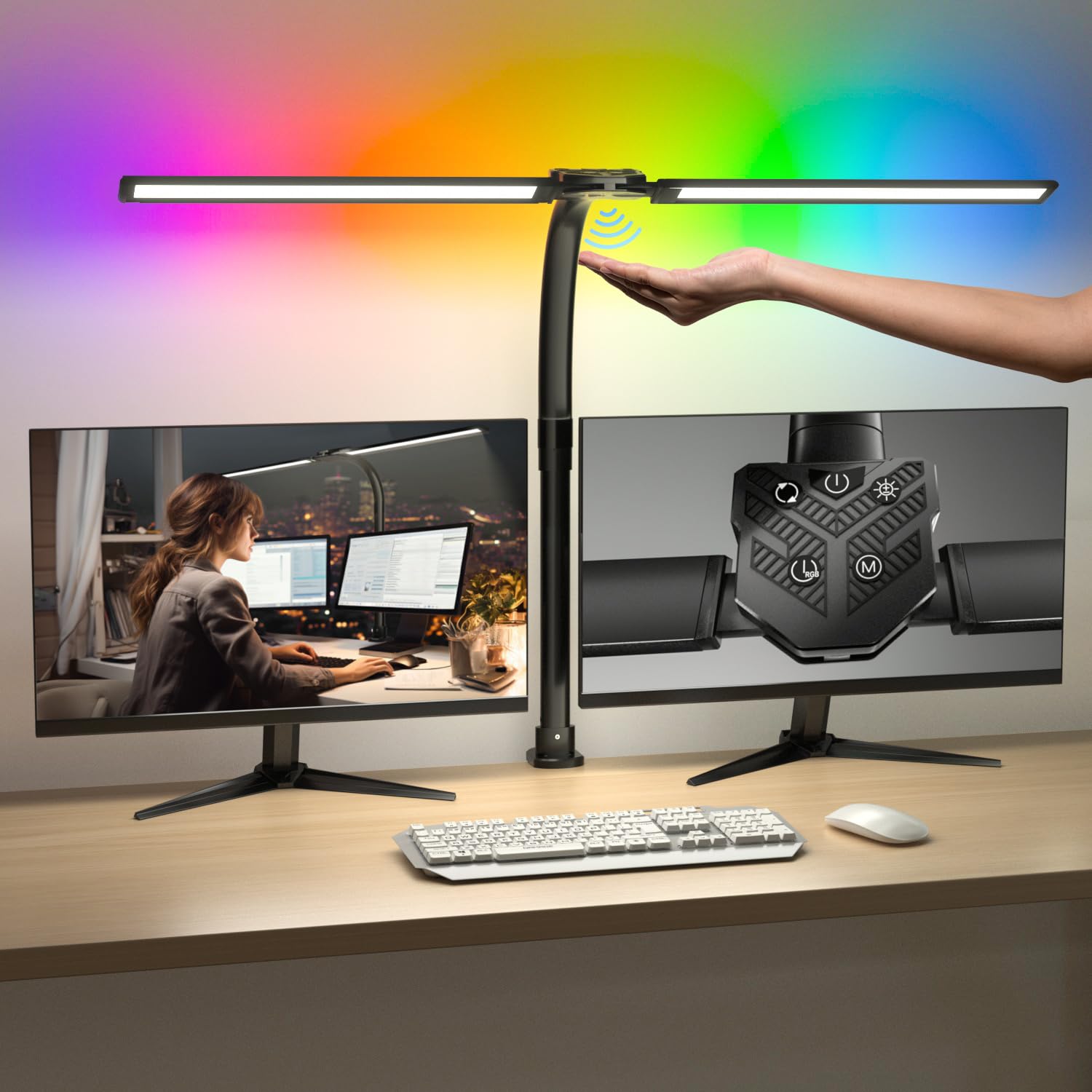 Double Swing Arm LED Desk Lamp with Clamp - 24W Ultra Bright Auto Dimming Table Light with RGB Mood Lighting, Multi-Angle Adjustable Touch Control for Home Office, Study, Gaming & Reading