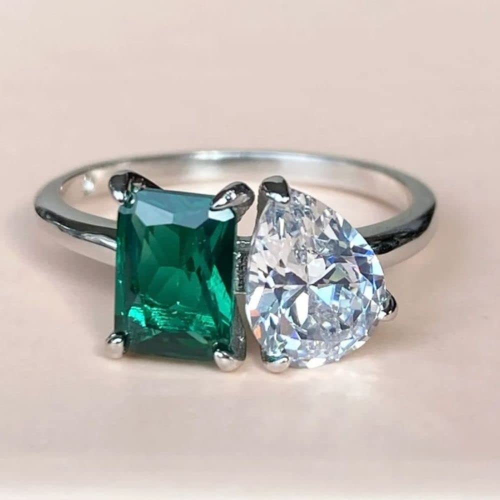 Phoenixjewel Toi Et Moi Ring - 2 Stone Engagement & Wedding Ring with Green Emerald Cut Diamond & Pear Gemstone - 14K Gold Plated Silver Ring for Women - Perfect for Mother's Day, Birthday Gifts & Anniversary Celebrations