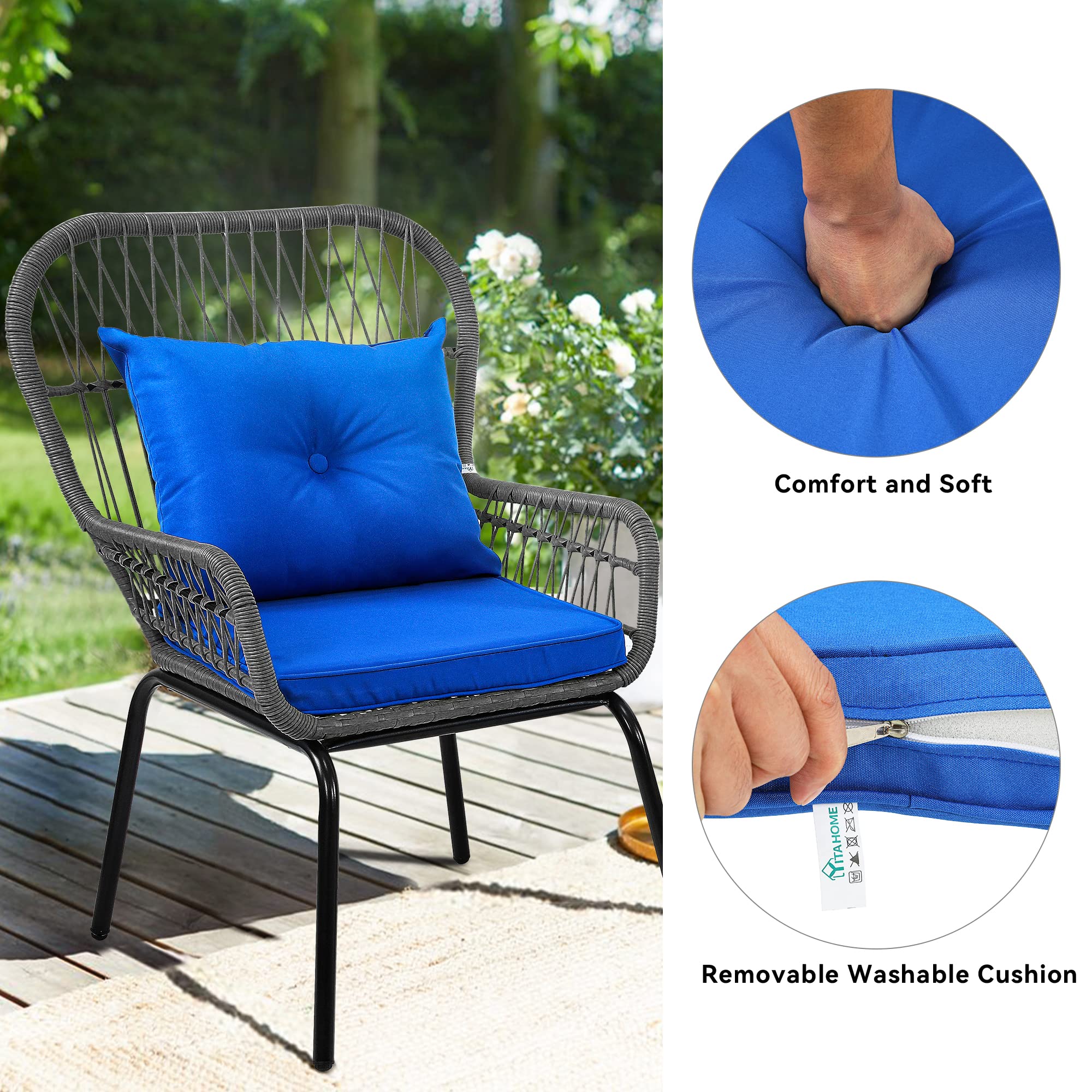 YITAHOME 3-Piece Outdoor Patio Furniture Set - All-Weather Wicker Bistro Chairs with Cushions & Glass Side Table - Gray & Navy Blue Rattan Conversation Set for Backyard, Balcony, Deck, Garden & Poolside Relaxation
