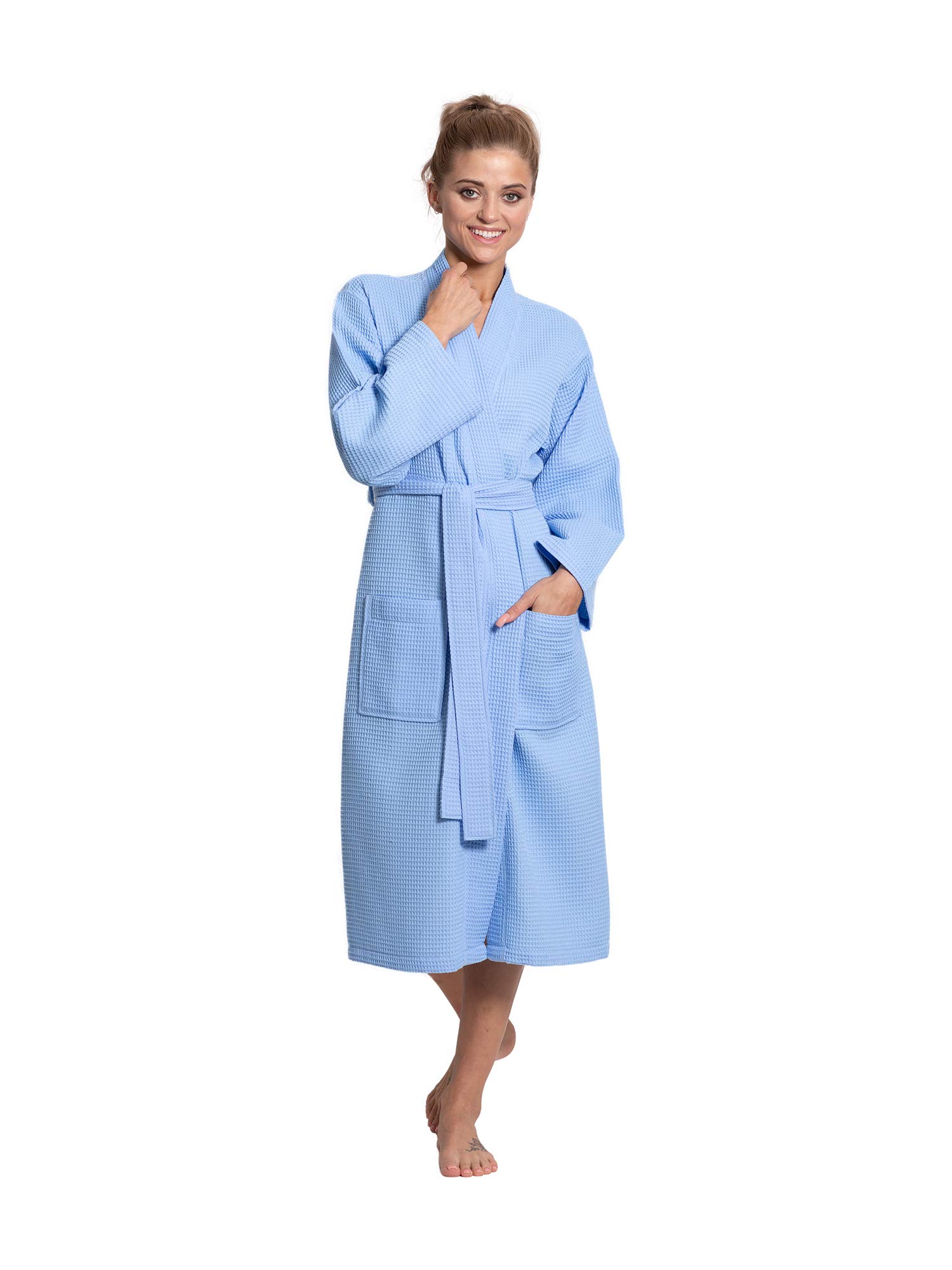 Premium Lightweight Long Waffle Kimono Robe - Turquoise Linen & Cotton Blend for Women, Spa Bathrobe for Relaxation at Home, Beach Cover Up, Resort Wear