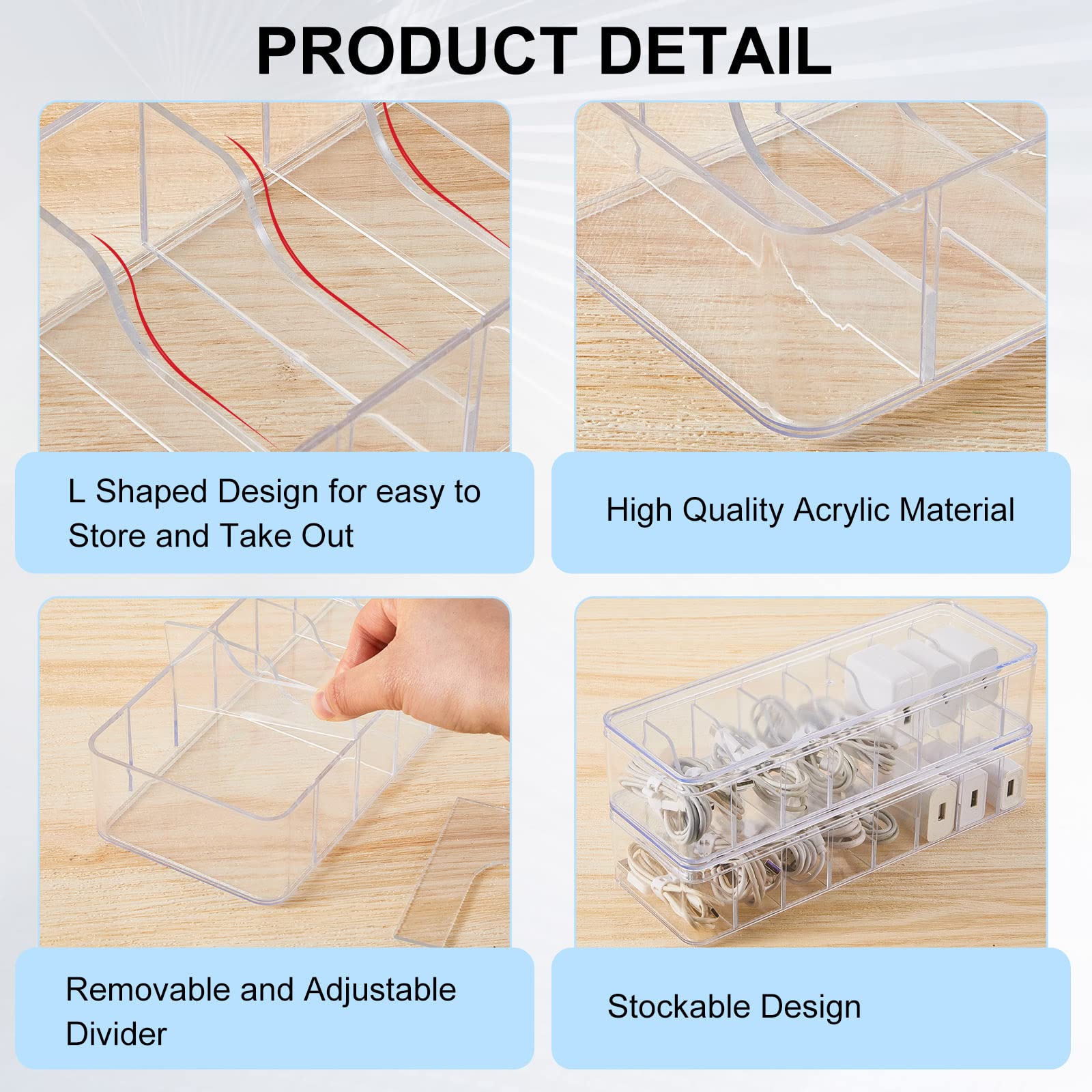 Tatuo 4-Piece Clear Plastic Cable Organizer Set with 40 Wire Ties & Lid - Cord Storage Box for Home Office Desk Organization - Perfect for Managing Computer Wires, Phone Chargers & Electronic Accessories