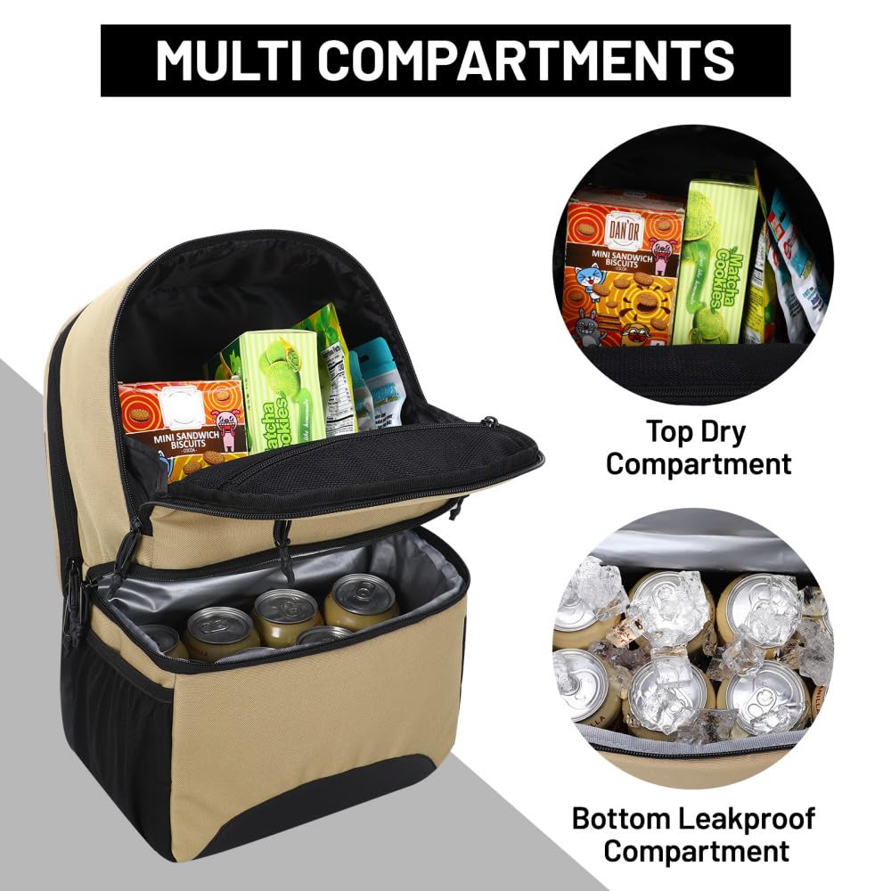 MIER Insulated Cooler Backpack for Men & Women - 2 in 1 Dual Compartment Lunch Bag with Laptop Sleeve - Perfect for Work, Picnics, Beach & Outdoor Activities - Khaki