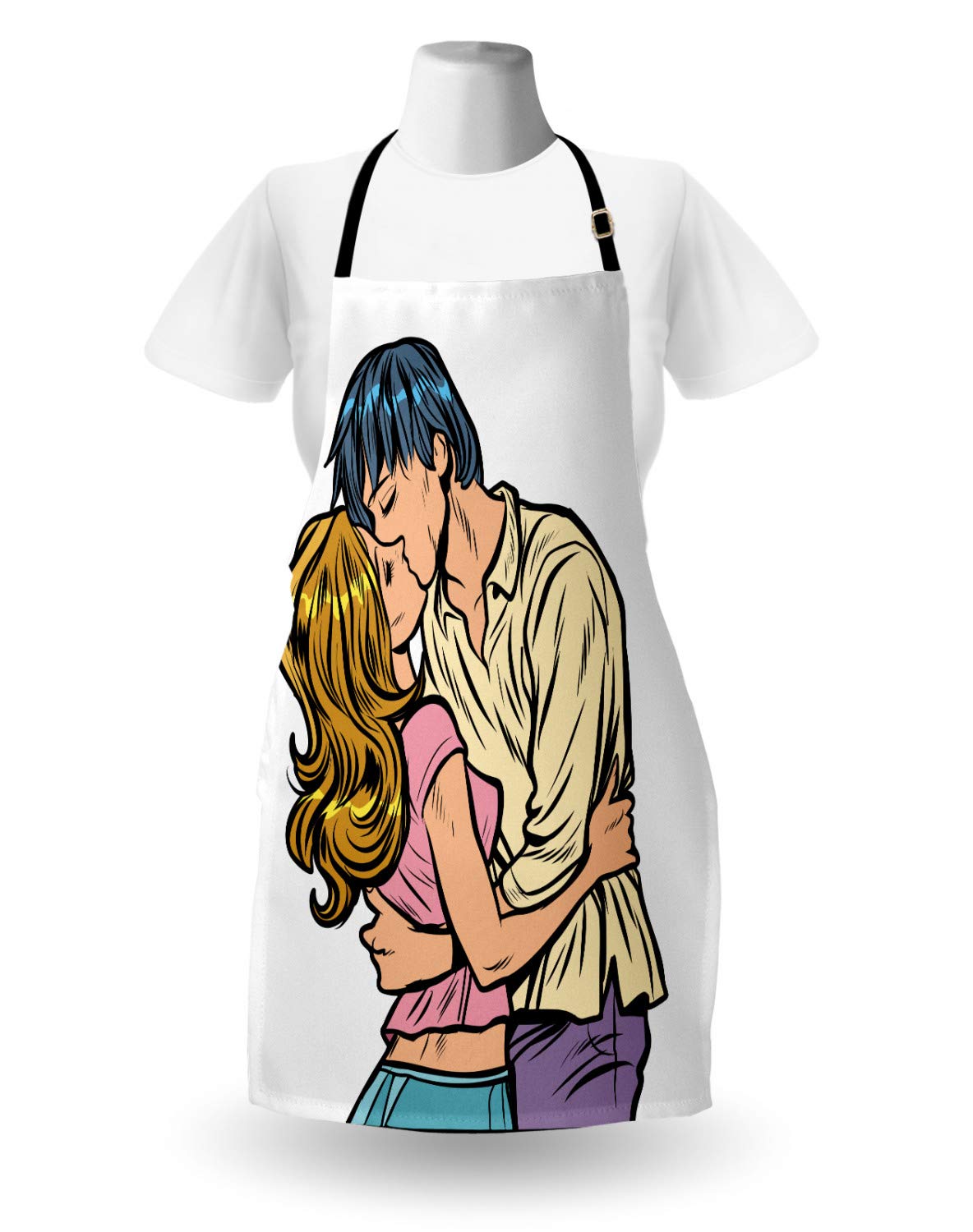 Ambesonne Kissing Apron - Valentine's Day Themed Unisex Kitchen Apron with Adjustable Neck, Comic Book Style Couple Illustration - Perfect for Cooking, Baking, Gardening & Romantic Date Nights at Home