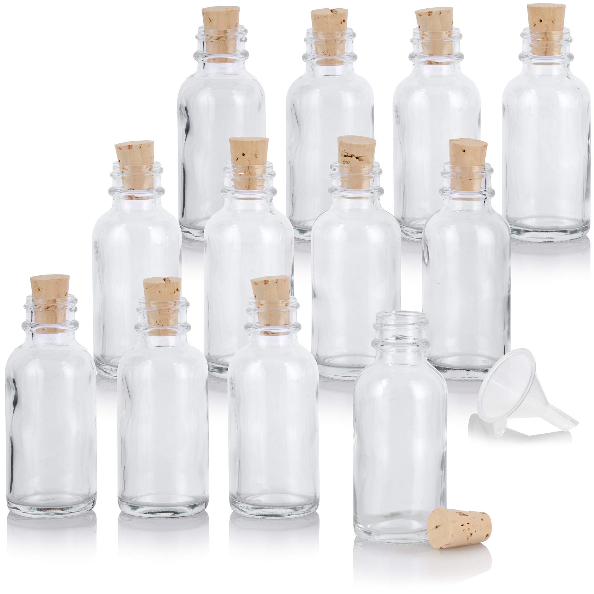 JUVITUS 12 Pack 1 oz Clear Glass Boston Round Bottles with Natural Cork Stoppers - Essential Oil Bottles, DIY Perfume Containers, Travel-Sized Liquor Storage + Bonus Funnel Included