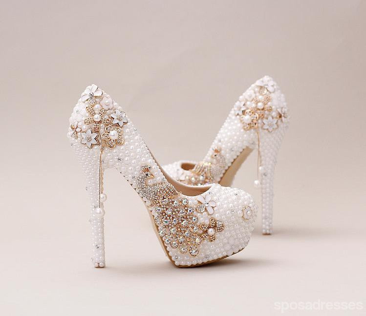 Elegant Handmade High Heels - Round Toe Pearl & Crystal Embellished Wedding Shoes for Brides (Style S0038) | Perfect for Bridal Ceremonies, Prom Nights & Special Occasions