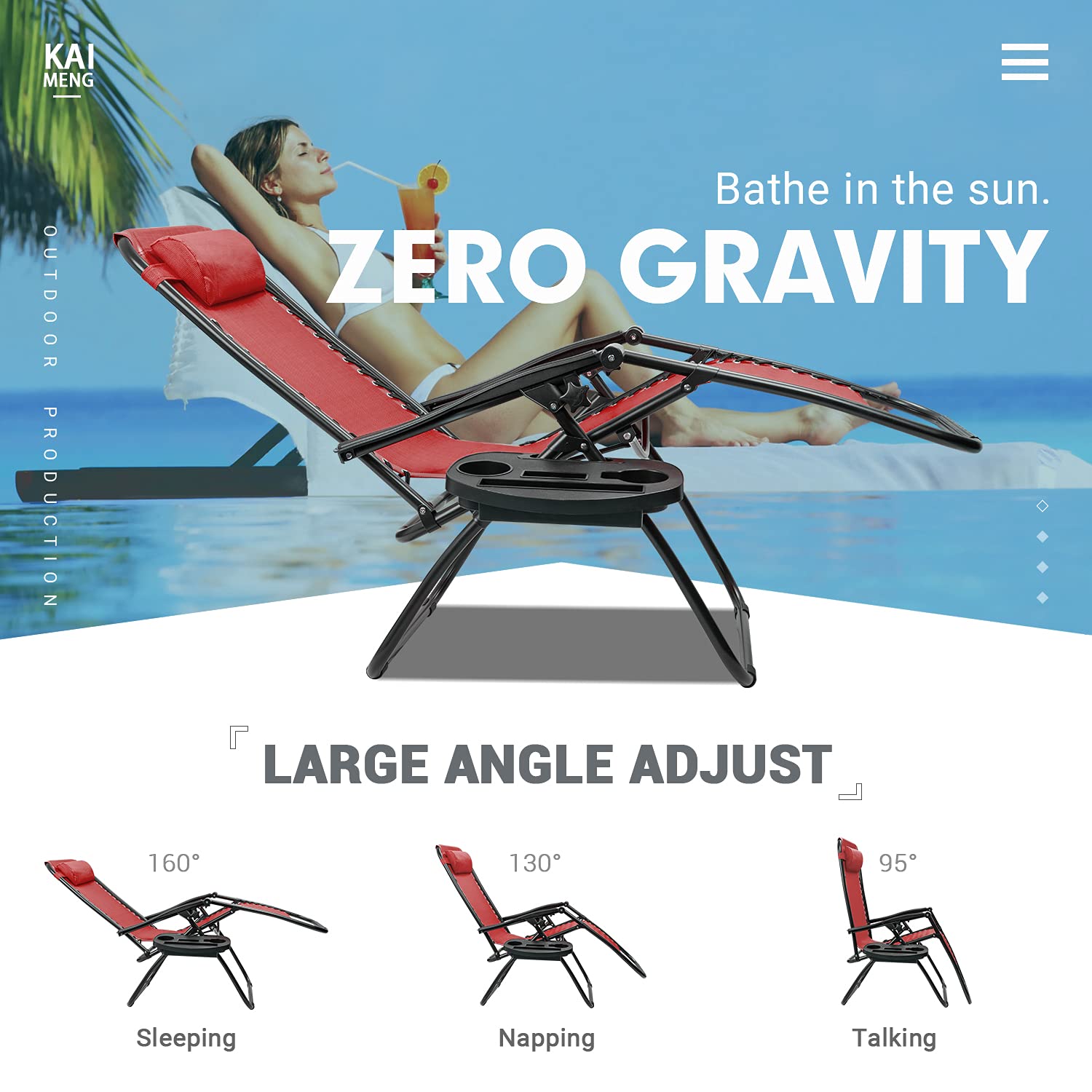 Kemon Zero Gravity Folding Lounge Chair - Adjustable Reclining Outdoor Patio Chair with Pillows & Cup Holders - Set of 2 Red Chairs - Perfect for Beach, Poolside, Backyard & Camping Relaxation
