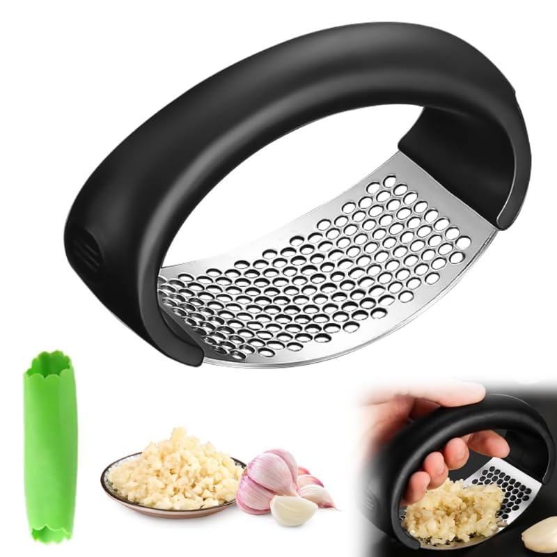 Premium Stainless Steel Garlic Press Rocker - Manual Garlic Crusher & Masher with Peeling Drum - Durable Kitchen Gadget for Chopping, Mincing Garlic - Perfect for Home Cooking, Restaurants & Camping (Black)