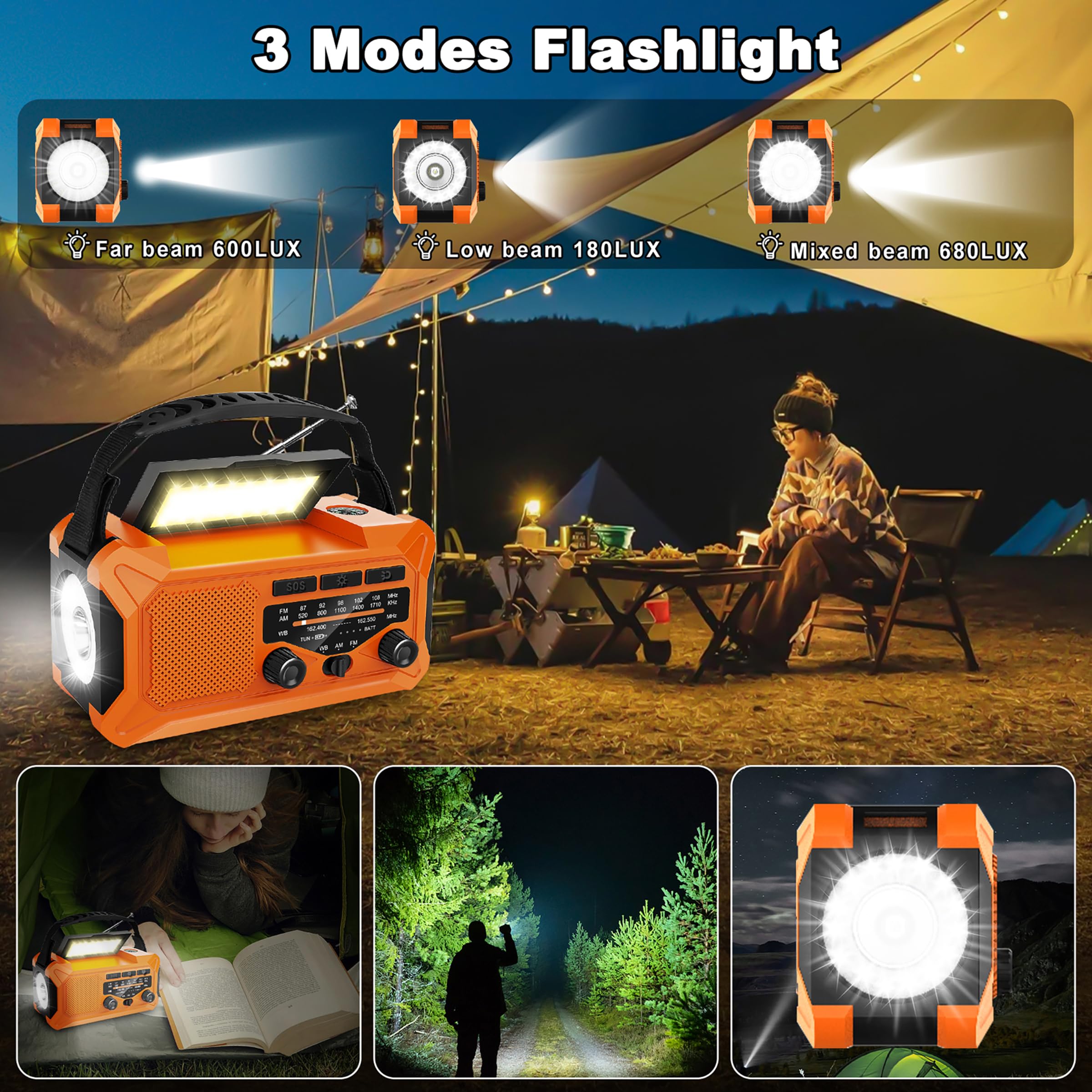 10000mAh Solar Emergency Weather Radio - Portable AM/FM/NOAA Radio with Hand Crank, LED Flashlight, Reading Lamp, Compass & Phone Charger - Perfect for Outdoor Camping, Hiking & Emergency Preparedness