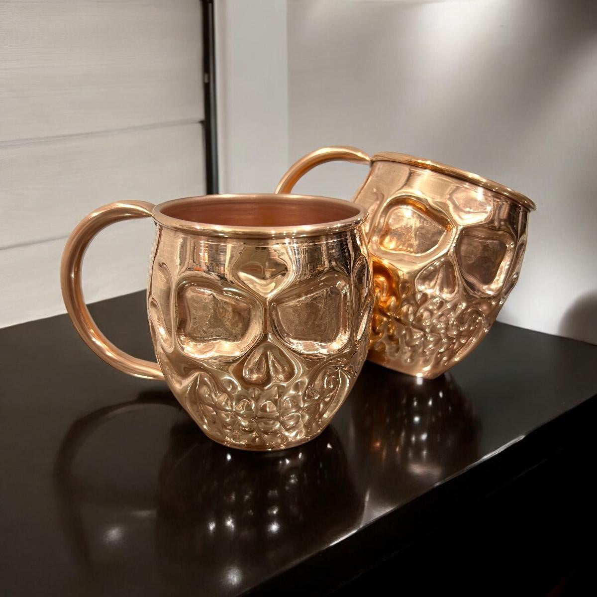 Set of 2 Copper Skull Mugs - Day of the Dead Themed with Plain & Shiny Finish - Perfect for Halloween Decor, Gothic Home Barware & Mexican Festival Celebrations