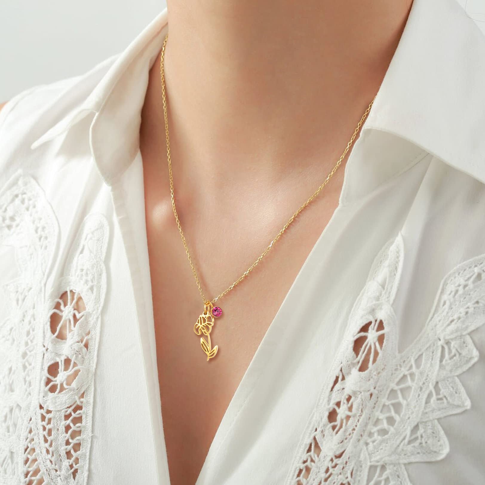 Birth Flower Necklace for Women - 14K Gold Plated Birth Month Floral Pendant with Birthstone | Meaningful Birthday Gift for Mom, Wife, Friend | Perfect for Anniversaries, Mother's Day & Special Occasions