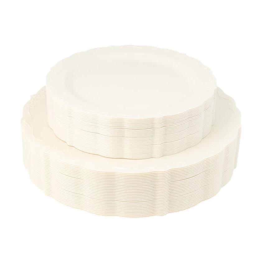 60-Piece Cream Round Plastic Dinnerware Set - Vintage Style for Parties, Picnics & Outdoor Dining - Durable Disposable Plates, Bowls & Cups