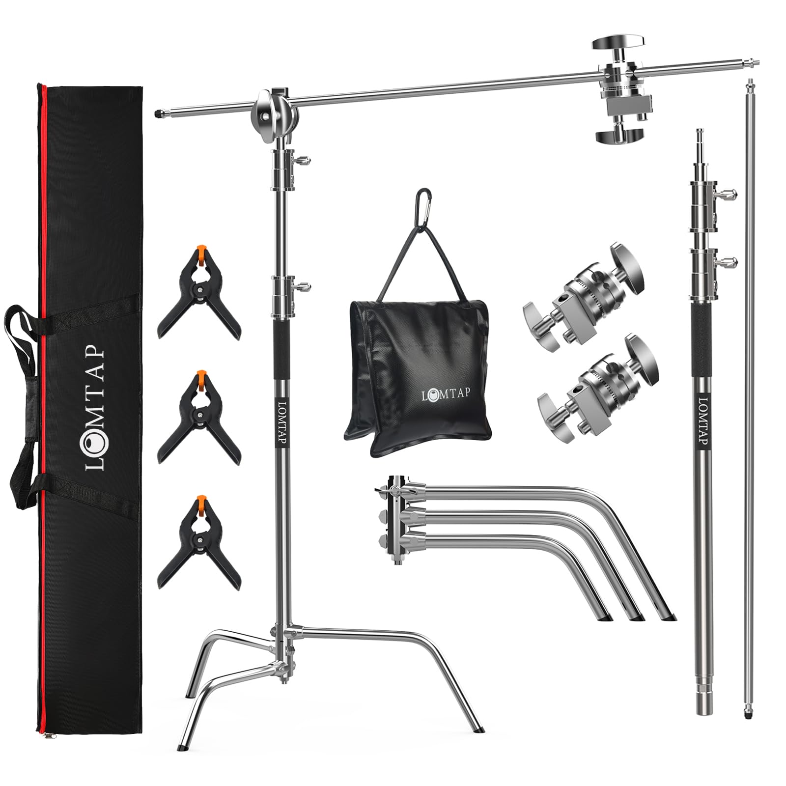 LOMTAP Heavy Duty C Stand Light Stand Kit - 10.8ft Stainless Steel Photography Stand with Boom Arm, Adjustable Base & Sandbag for Studio Lighting, Softbox, Reflector - Perfect for Professional Photography, Videography, and Film Production