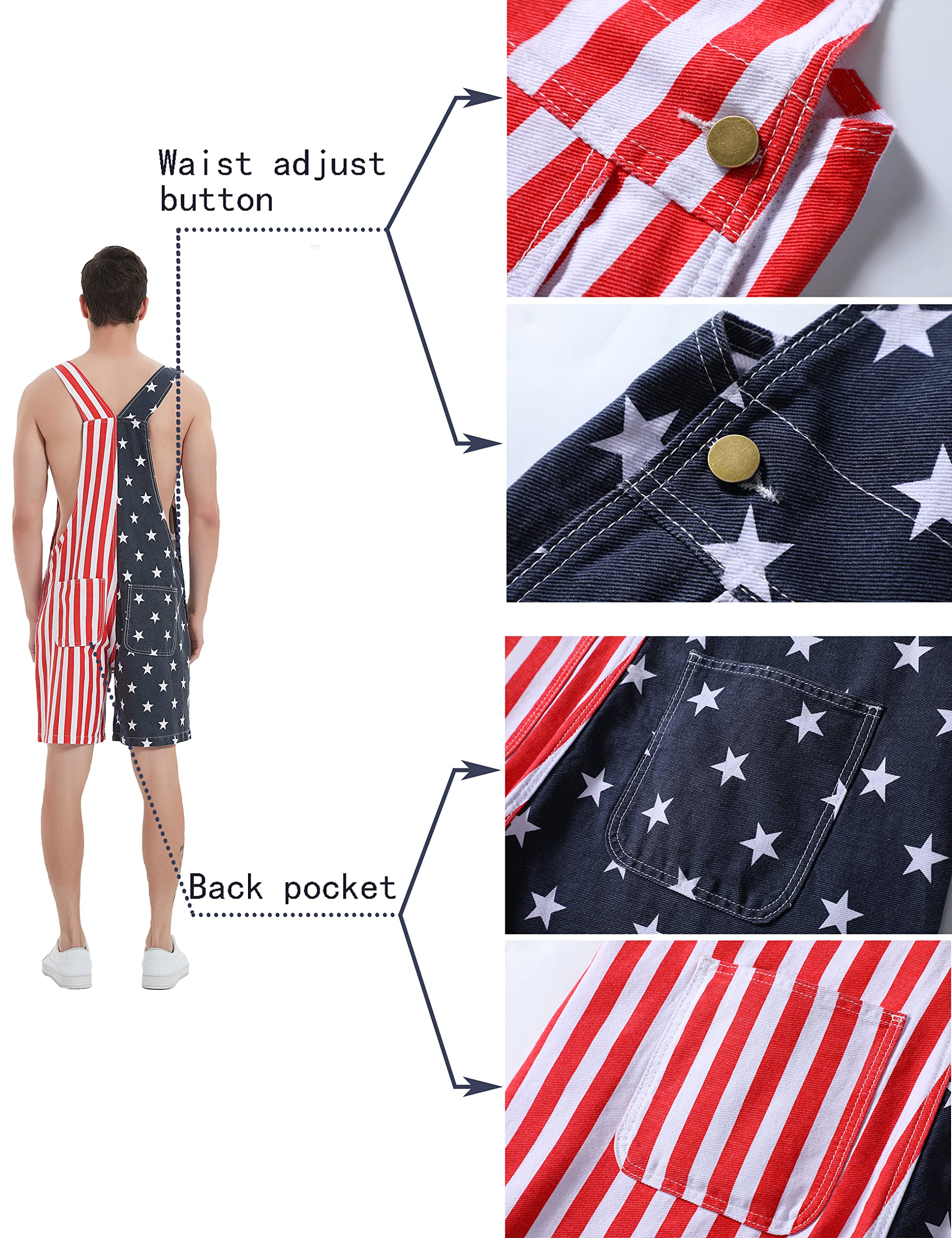American Flag Denim Overalls Shorts for Men & Women - Adjustable Strap Casual Romper Jumpsuit | Patriotic Fashion, 4th of July Outfit, Summer BBQ Attire