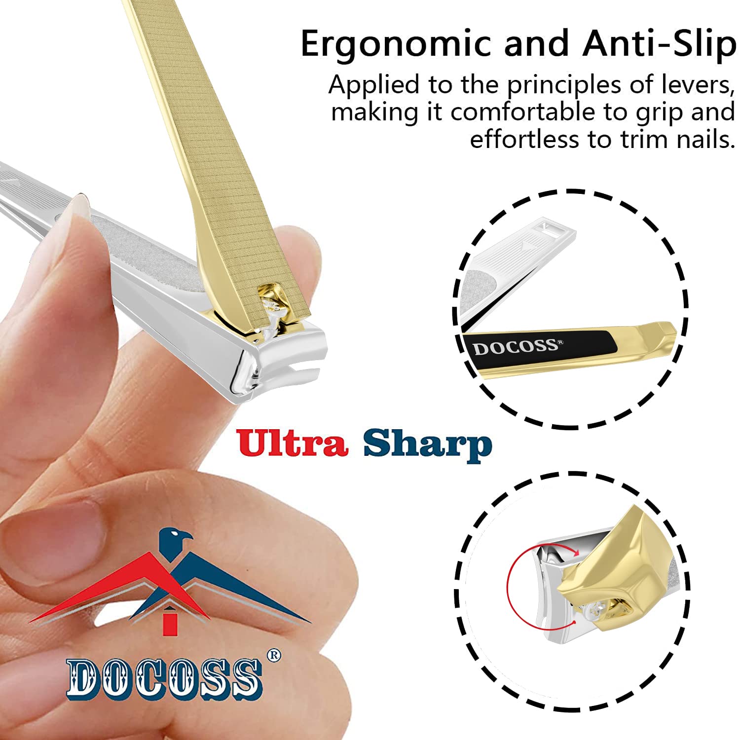 DOCOSS Professional Stainless Steel Nail Clippers Set for Men & Women - Sharp Precision Nail Trimmer with Ergonomic Handle, Pack of 2 (Gold) - Perfect for Home, Travel, Salon & Grooming Kit Essentials