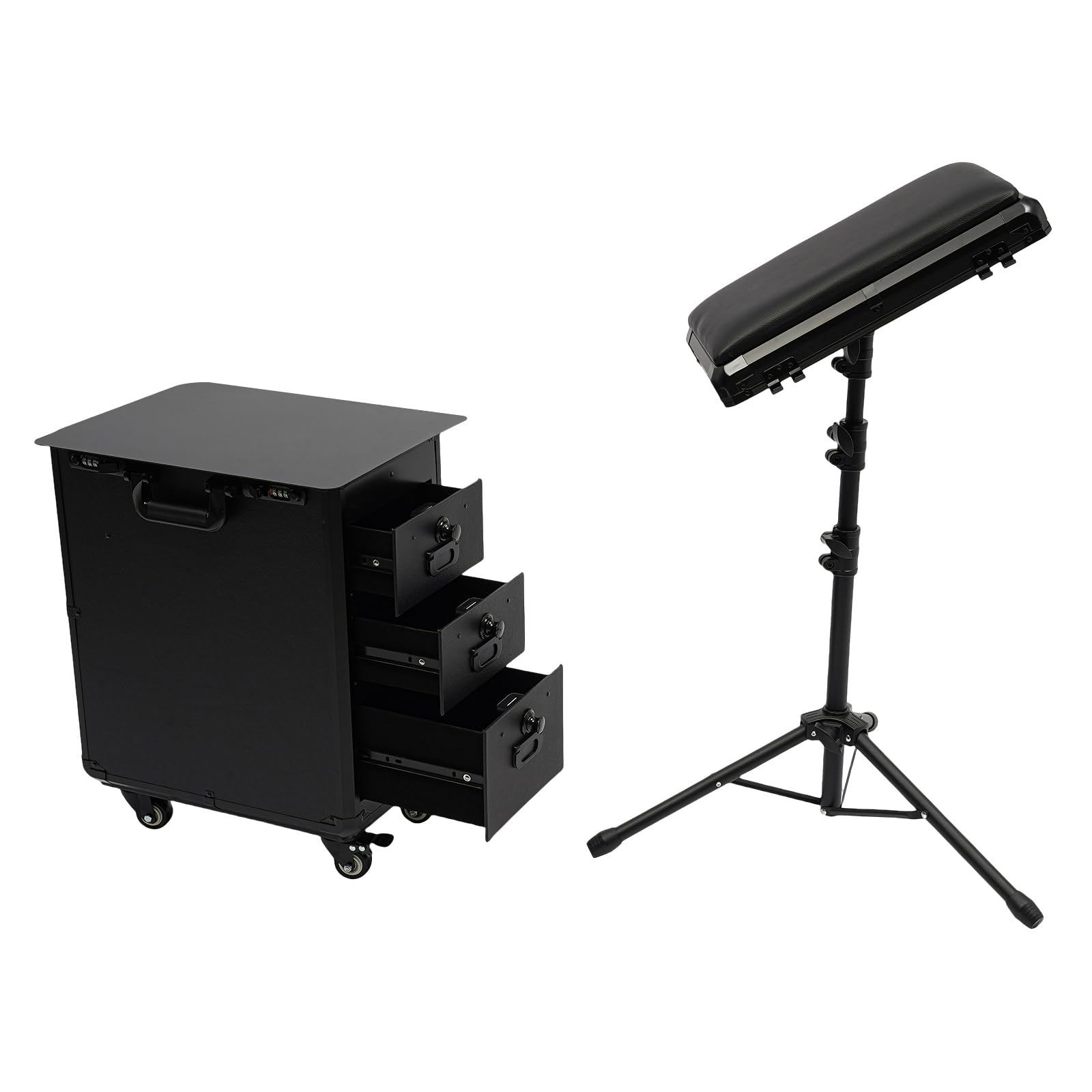 Professional Rolling Makeup Case with Tattoo Armrest Stand - 4 Universal Wheels & Combination Lock - Portable Cosmetic Organizer for Makeup Artists (Metal Panel) | Ideal for Salon, Tattoo Studio & Mobile Beauty Services