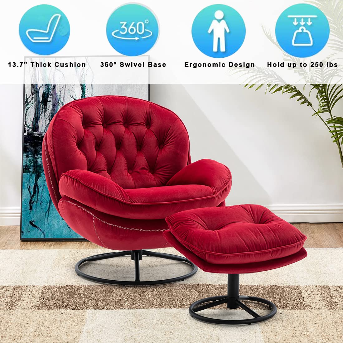 Baysitone Velvet Swivel Accent Chair with Ottoman Set - Modern 360° Rotating Lounge Chair with Footrest, Comfortable Armchair for Living Room, Bedroom, Home Office & Reading Nook - Perfect for Relaxing, Entertaining & Small Space Decor (Red)