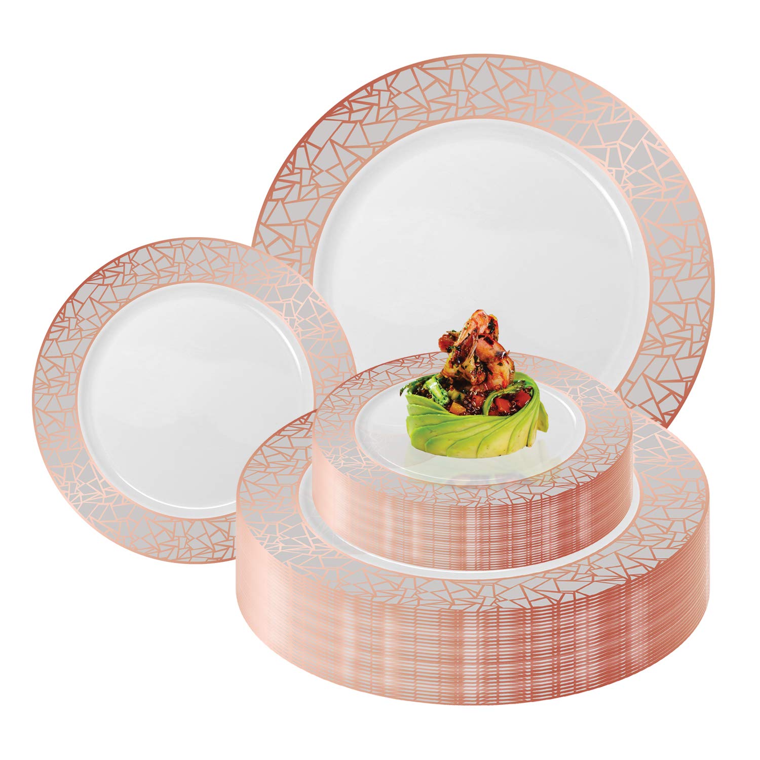 Elegant Disposable Plastic Plates 240 Count - Heavy Duty Dinner Plates & Dessert Plates Set - White with Pink Silver Mosaic Rim - Bulk Party Supplies for Wedding, Birthday, Baby Shower, Holiday Gatherings & Special Events - Perfect for Catering, Buffets, Picnics & Outdoor Dining