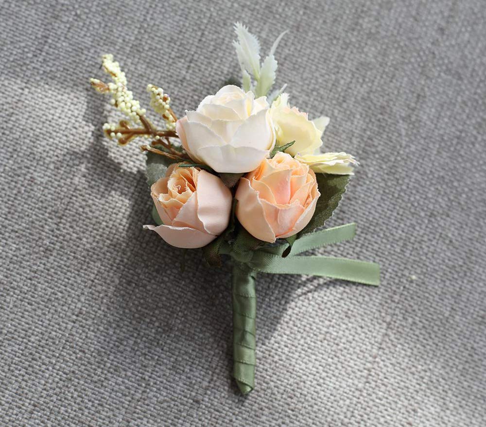Artificial Rose Boutonniere & Corsage Set - Champagne Wedding Groom Boutonniere, Prom Party Suit Pin, Bridal Bouquet Brooch - Elegant Floral Accessory for Weddings, Proms, and Formal Events (Pack of 1)