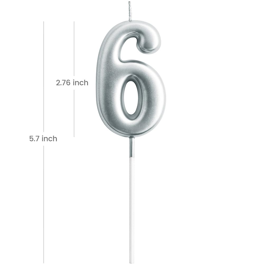 6th Birthday Candle - 2.76 Inch Large Number Candle for Cake Decorating | Silver Number 6 Candle for Birthday Parties, Anniversaries & Celebrations | Perfect for Kids Birthday Cakes, Wedding Anniversaries & Special Occasions