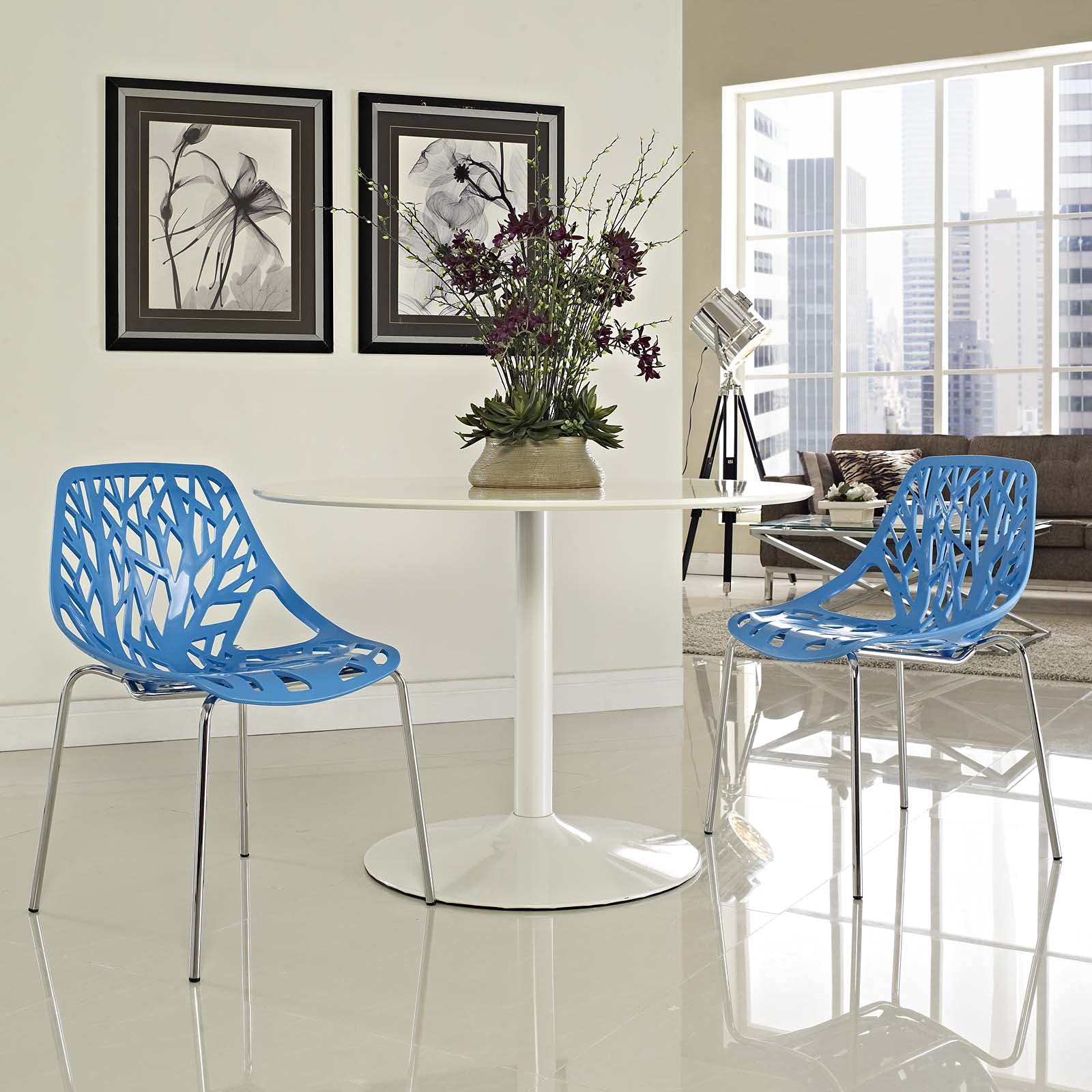 Modway Stencil Modern Stacking Dining Chairs Set of 2 - Blue Contemporary Kitchen & Dining Room Chairs for Small Spaces, Breakfast Nook & Apartment Living