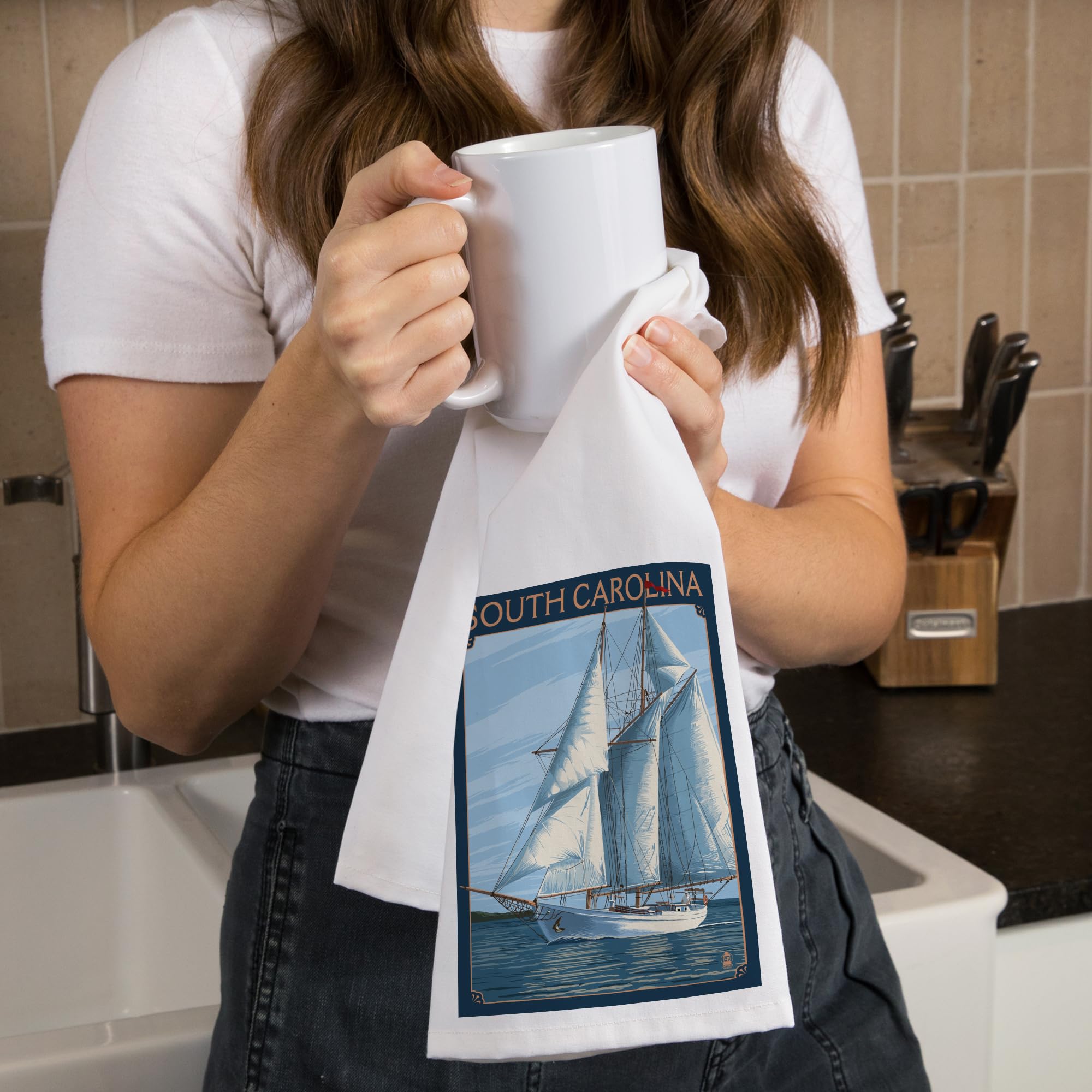 Lantern Press South Carolina Schooner Sailboat Cotton Tea Towel - 100% Cotton Decorative Hand Towel for Kitchen, Bathroom & Home Decor - Perfect for Dish Drying, Gift Giving & Coastal Themed Decor