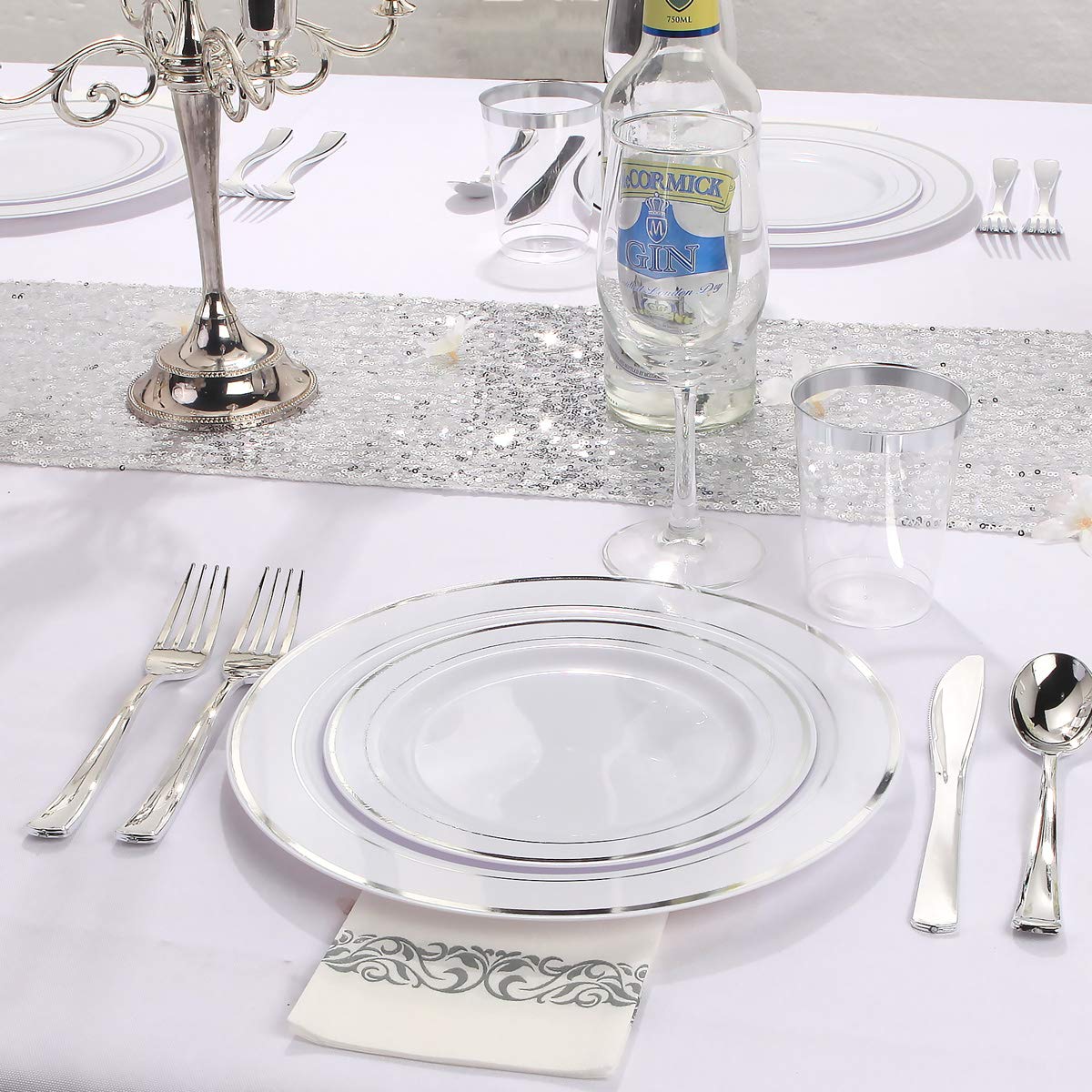 700-Piece Silver Disposable Dinnerware Set for 100 Guests - Includes 100 Dinner Plates, 100 Dessert Plates, 100 10oz Cups, 100 Napkins & 100 Plastic Cutlery Sets | Perfect for Weddings, Parties, Catering & Large Events