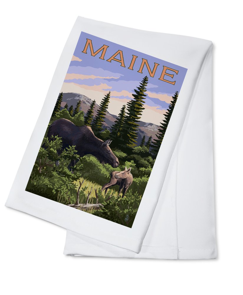 Maine Moose and Baby Scene - 100% Cotton Tea Towel Set | Decorative Kitchen Hand Towels | Rustic Home Decor for Farmhouse, Cabin & Cottage Style Kitchens