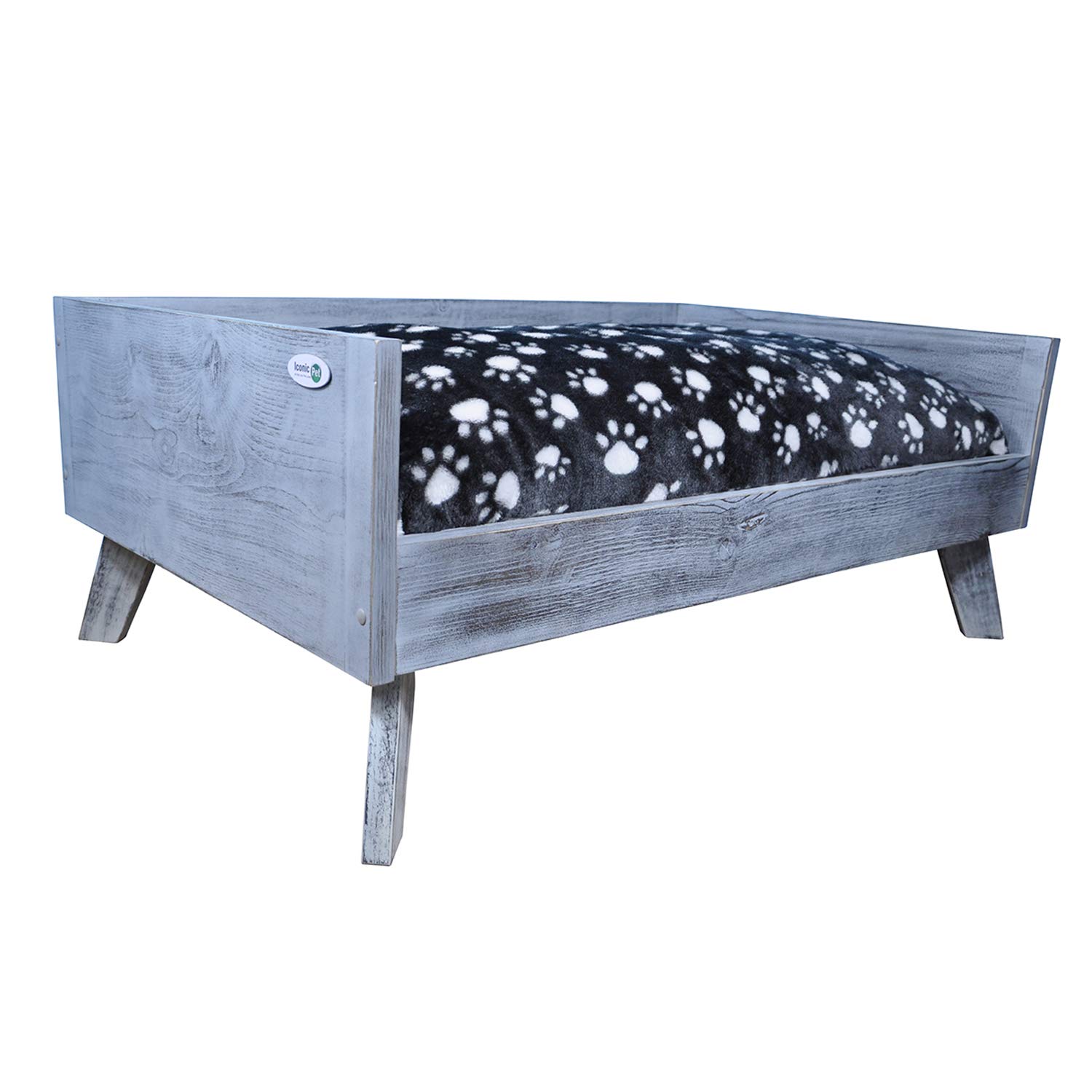 Iconic Pet Sassy Paws Raised Wooden Pet Bed with Removable Cushion - Medium Size, Antique Gray - Orthopedic Support for Dogs & Cats - Perfect for Living Room, Bedroom or Outdoor Use