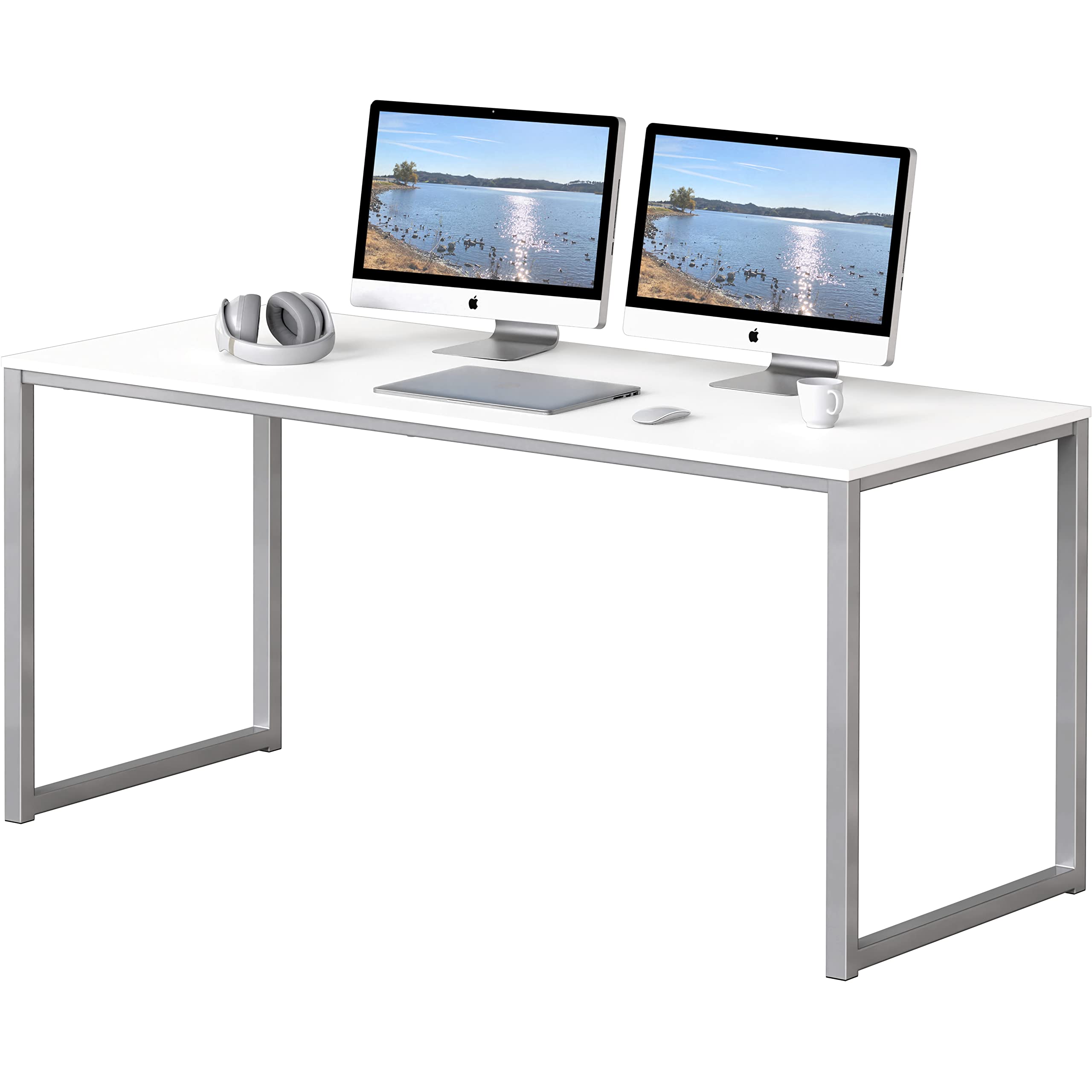 SHW Mission 55-Inch Home Office Computer Desk, White - Modern Writing Desk for Small Spaces, Study Desk for Students, Work from Home Office Furniture - Perfect for Remote Work, Online Classes & Gaming Setup