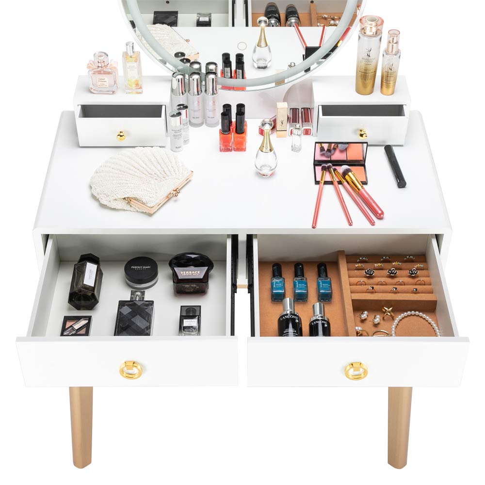 HomVent Vanity Set with Mirror - 3 Color Lighting Modes, Makeup Dressing Table with 4 Drawers & Cushioned Stool for Women | Bedroom Furniture, Beauty Station for Makeup & Skincare Routine (White)