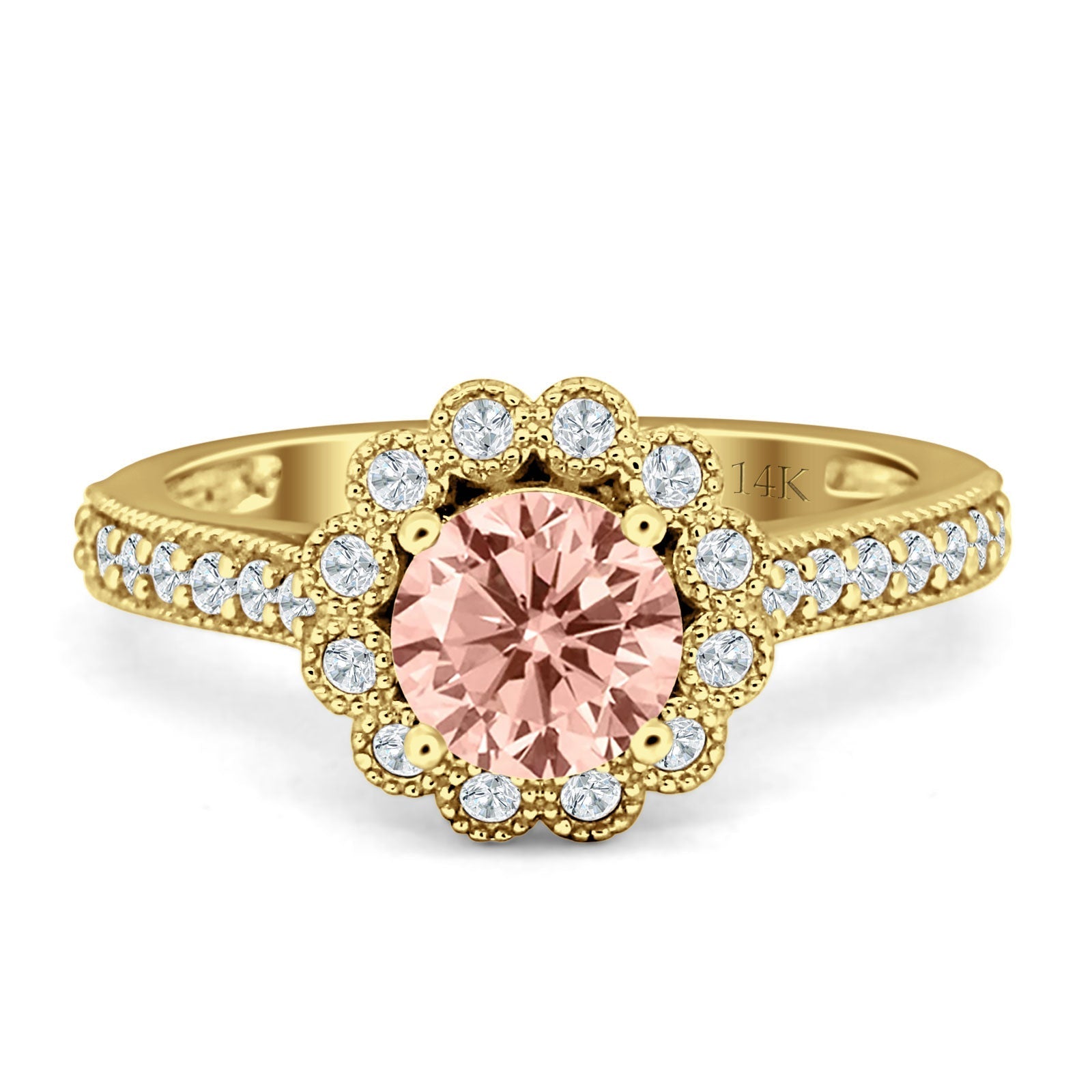 14K Yellow Gold Round Morganite & CZ Vintage Flower Ring for Women - Elegant Bridal, Engagement, Anniversary Gift for Her - Perfect for Weddings, Parties & Special Occasions