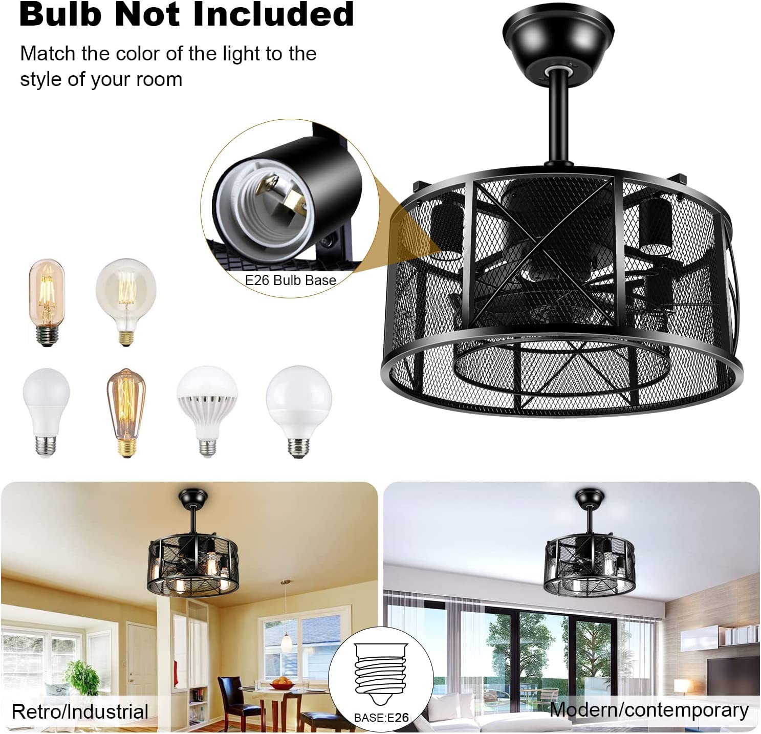 LEDMO Caged Ceiling Fan with Light & Remote - Adjustable Speed Black Industrial Fan for Kitchen, Bedroom, Farmhouse