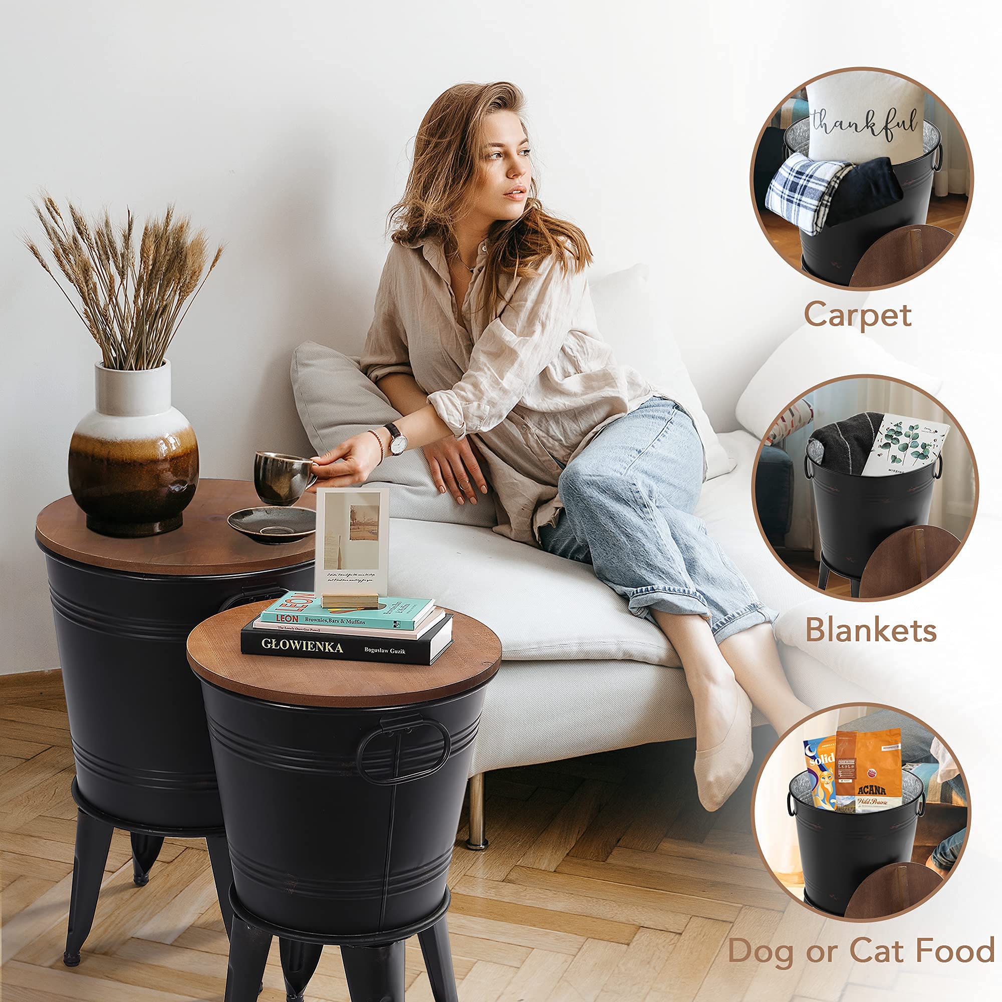 RUSTOWN Farmhouse Accent Side Table Set of 2 - Rustic Antique Galvanized Metal End Table with Round Wood Lid, Coffee or Cocktail Table with Storage Bin (Black) - Perfect for Living Room, Bedroom, or Patio Decor