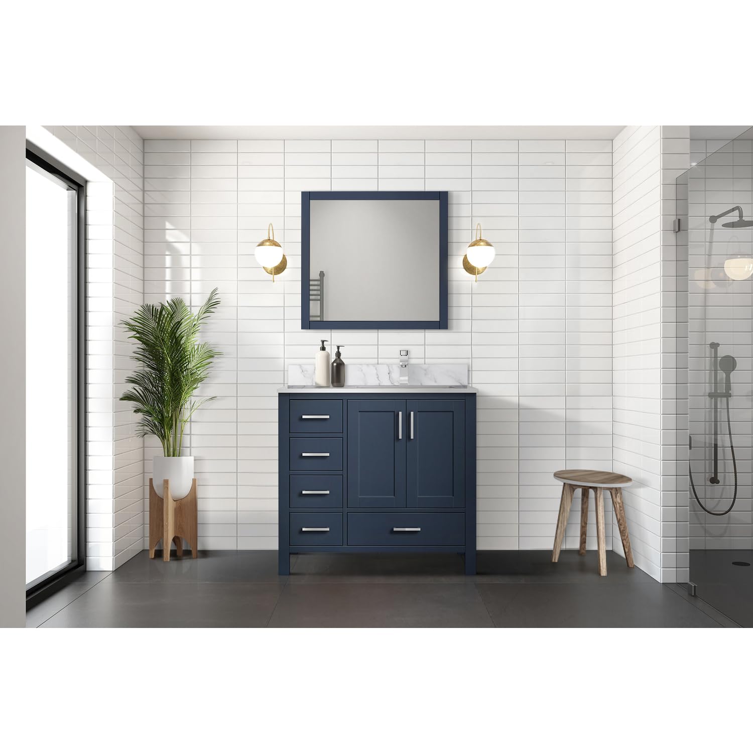Jacques 36-inch Navy Blue Single Bathroom Vanity Without Top & 34-inch Mirror - Right-Hand Version for Modern Home Bathroom Remodeling
