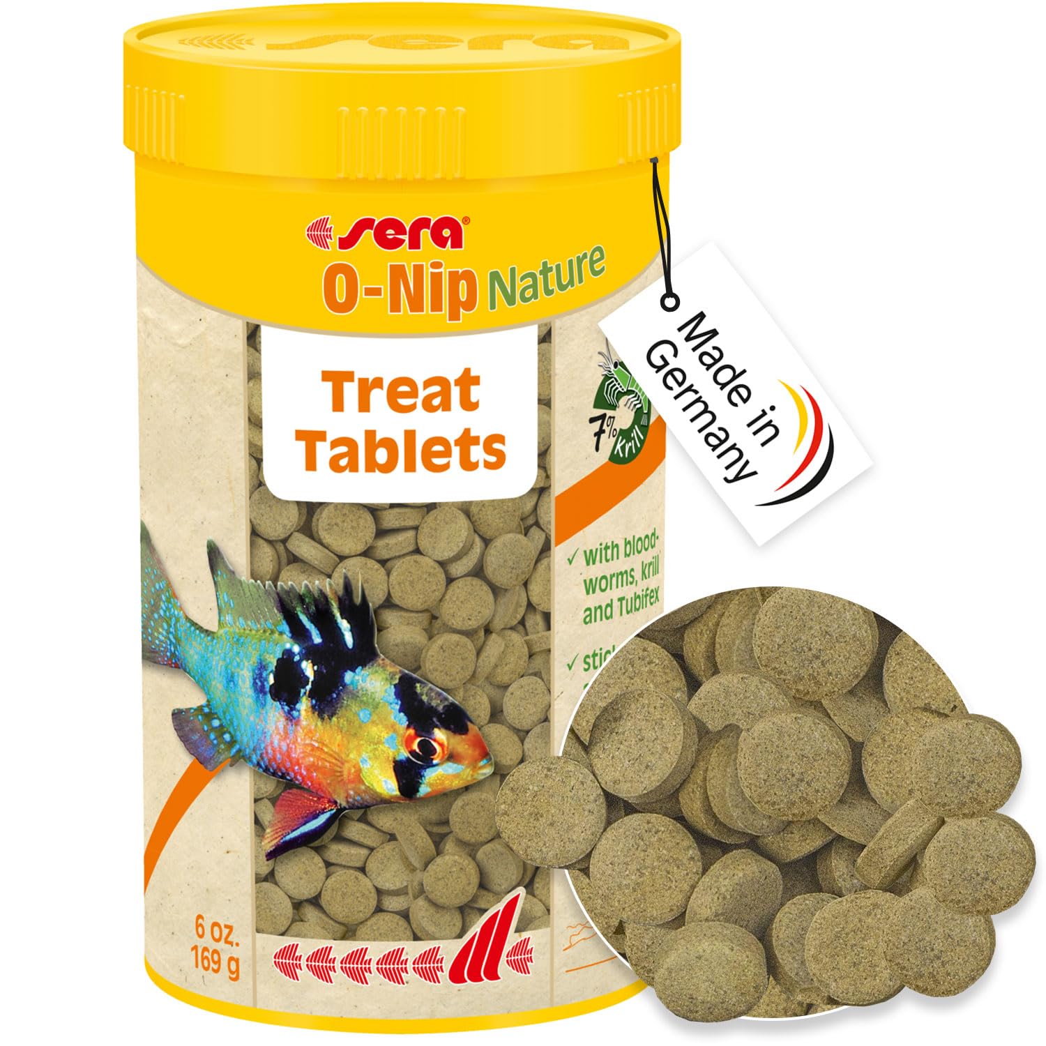 Sera O-Nip Nature 265 Tabs 8.45 oz - Complete Fish Food for All Tropical & Ornamental Fish | High Protein Sinking Pellets with Bloodworms, Krill & Tubifex | No Artificial Dyes or Preservatives | Sticks to Aquarium Glass - Perfect for Feeding Community Tanks, Goldfish, Cichlids & Bottom Feeders
