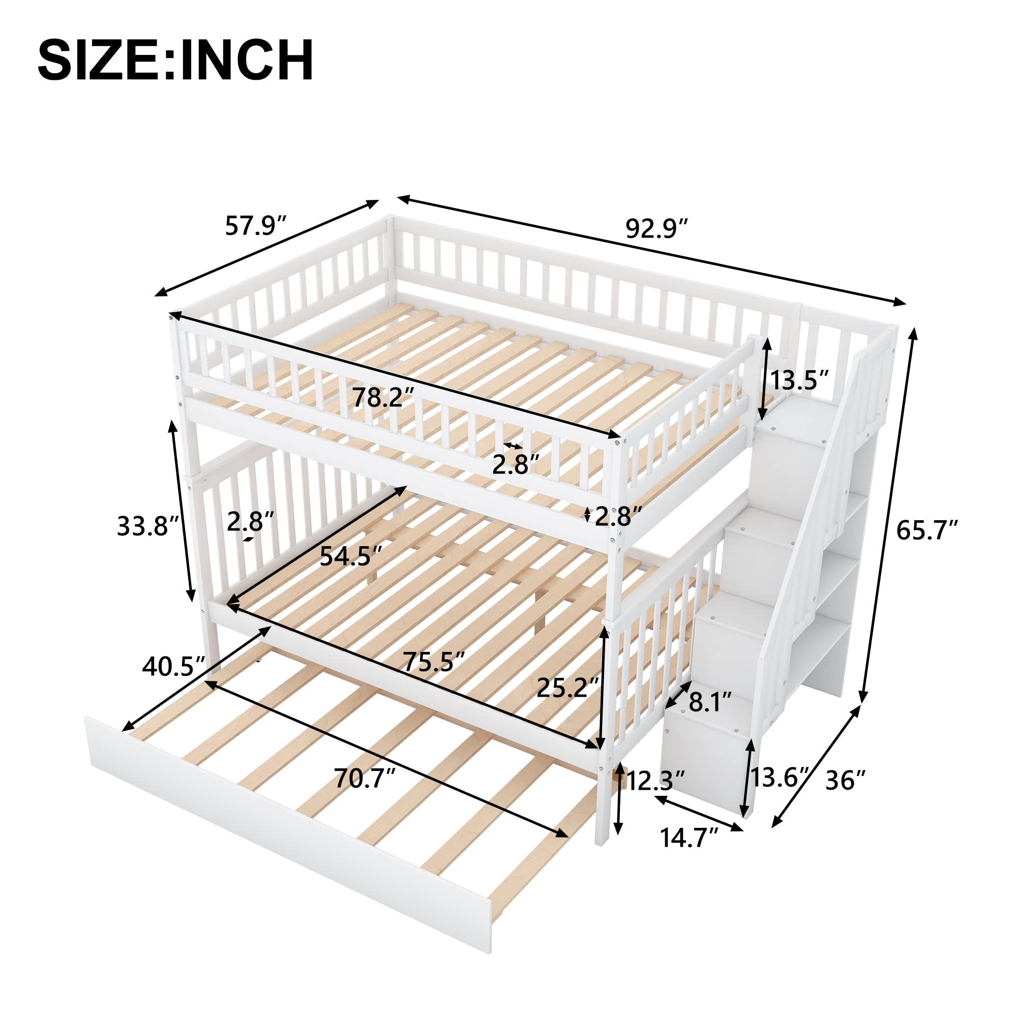 **Full Over Full Bunk Bed with Trundle - Solid Wood Bunk Bed Frame with Staircase, Slat Support & Safety Rails - Converts to 2 Separate Beds (White) - Perfect for Kids' Rooms, Guest Rooms & Small Spaces**