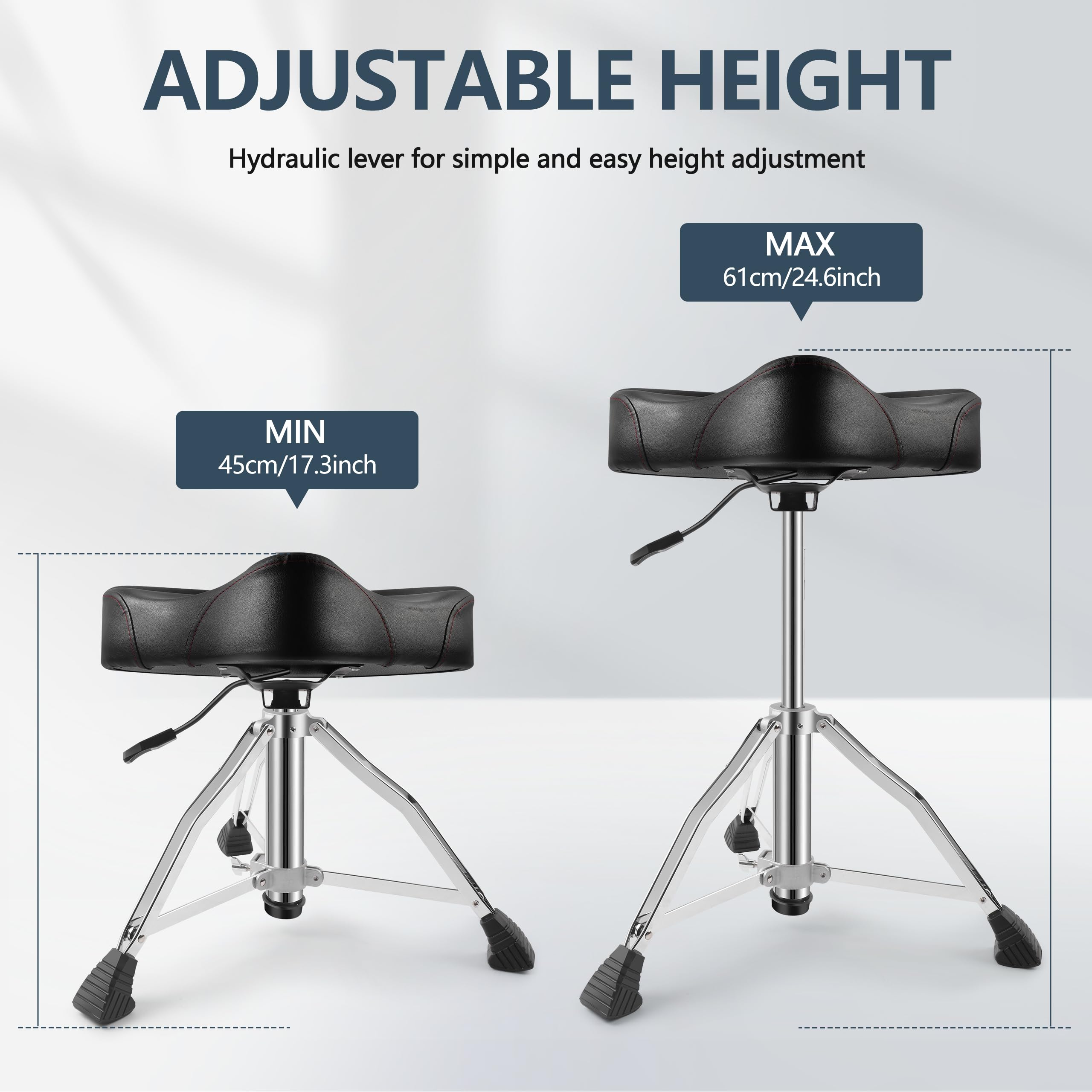 Ramzi Drum Throne - Heavy Duty Adjustable Drum Stool with Airlift Technology, Double Braced Anti-Slip Feet & Motorcycle Style Saddle Seat | Perfect for Drummers, Percussionists & Live Performances