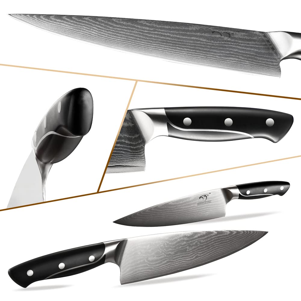 Premium Damascus Steel Kitchen Knife Set - 9-Piece Chef Knives with Wooden Block, Ergonomic ABS Handles, Knife Sharpener & Kitchen Shears - Perfect for Home Cooking, Professional Chefs & Gourmet Food Preparation