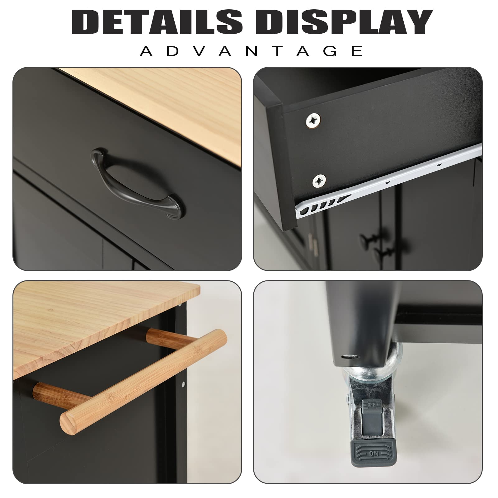 Premium Kitchen Island Cart with Storage - Solid Wood Countertop, 4-Door Cabinet & 2 Drawers, Towel Rack & Spice Rack - Mobile Kitchen Trolley with Wheels (Black) - Perfect for Small Kitchens, Food Prep, and Extra Counter Space