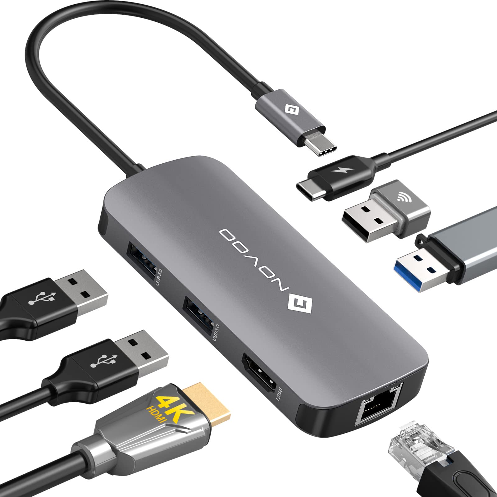 NOVOO 7-in-1 USB C Hub with Ethernet Port, 4K HDMI Adapter, 100W PD Charging, 3 USB 3.0 & 1 USB 2.0 Ports - Slim USB C Docking Station for MacBook Pro/Air, Dell XPS, Surface Laptop - Perfect for Home Office, Remote Work & Travel