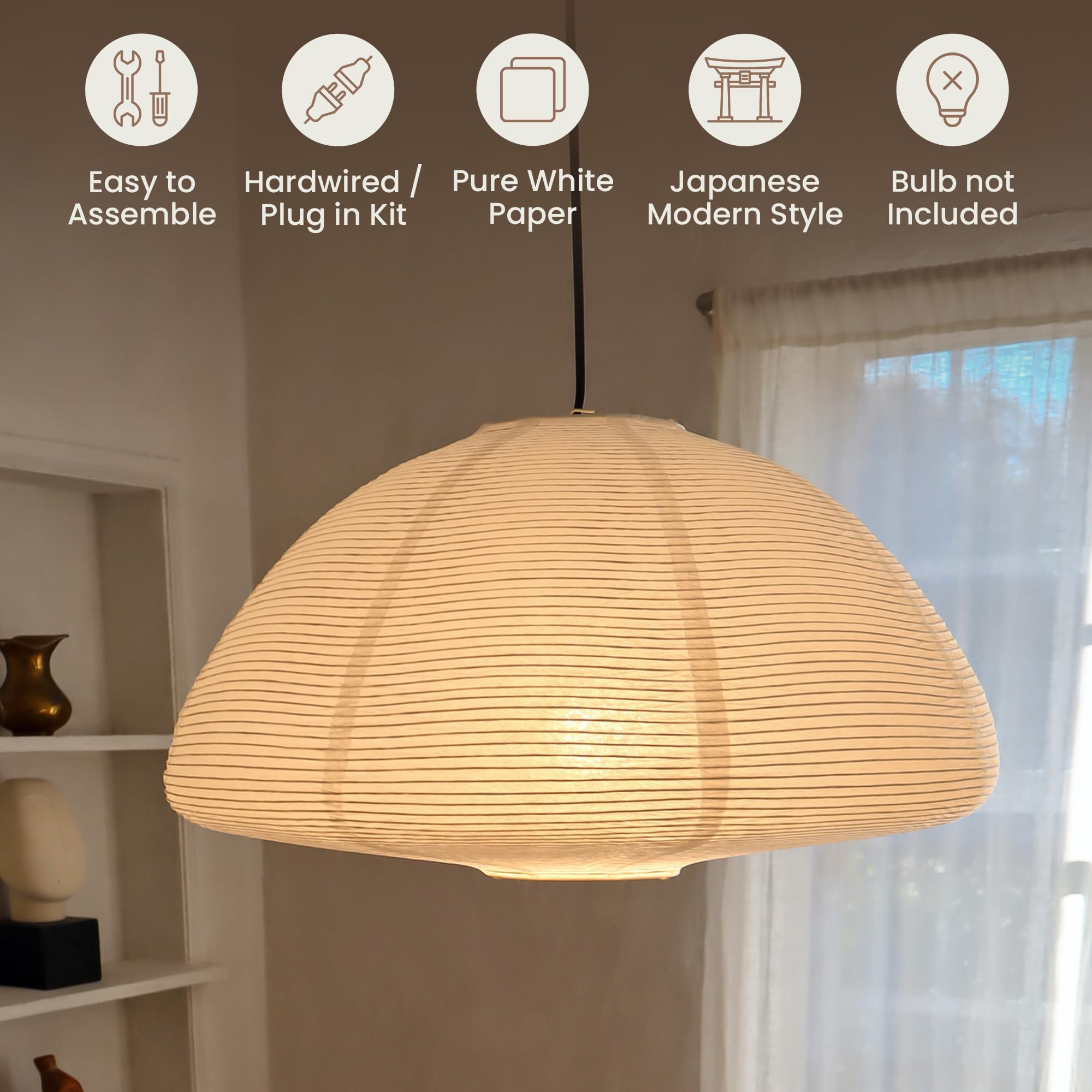 Nogy Rice Paper Lantern Lamp - Handmade Asian Style Hanging Light with Warm LED Bulb, Plug-in Paper Lantern Shade for Bedroom, Living Room, Patio & Wedding Decor | Romantic Ambient Lighting & Easy Installation