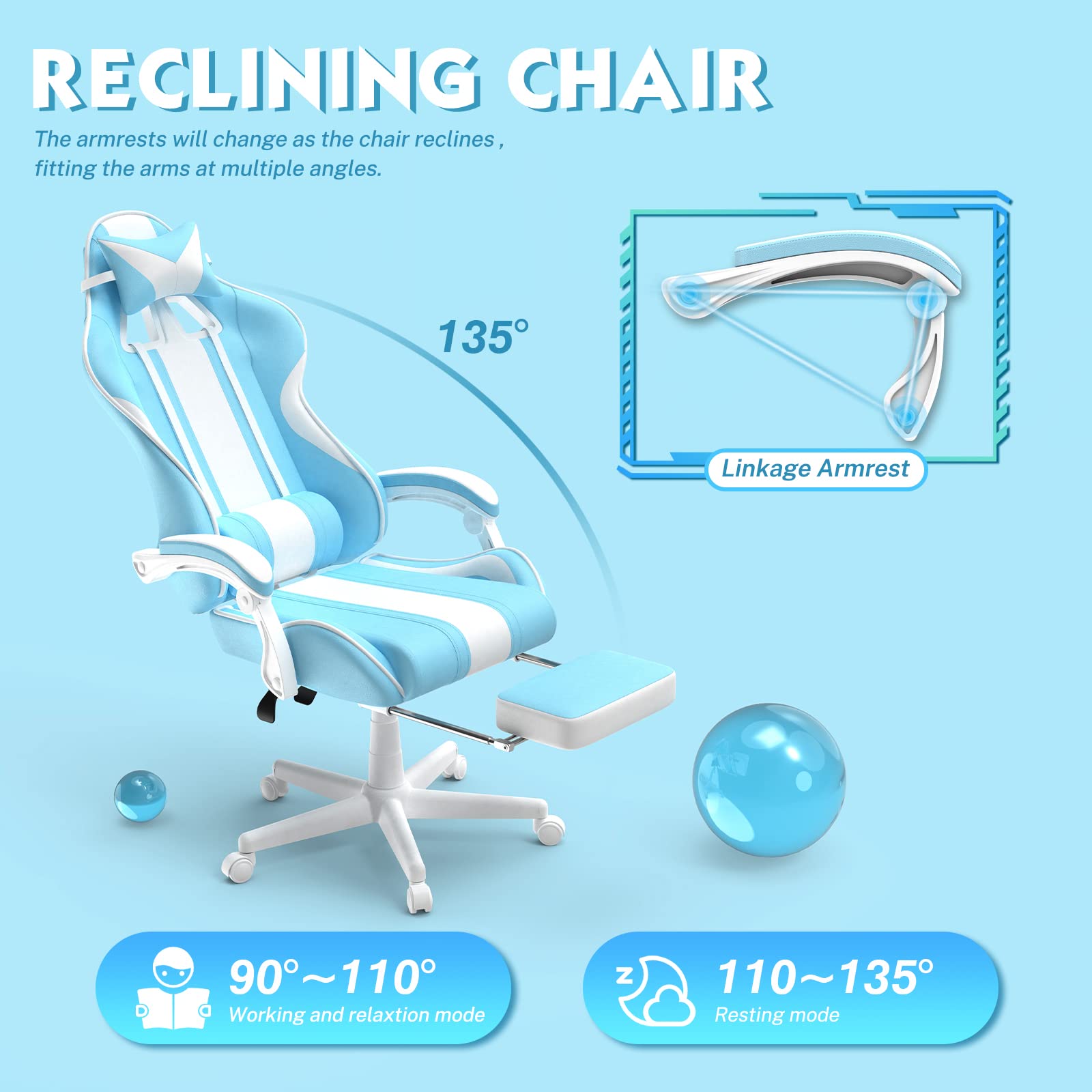 Ferghana Blue Gaming Chair with Bunny Ears - Ergonomic Massage Office & PC Gaming Chair with Footrest for Adults & Teens - Cute Kawaii Computer Game Chair for Girls - Racing Reclining Gamer Chair for Streaming, Esports & Home Office