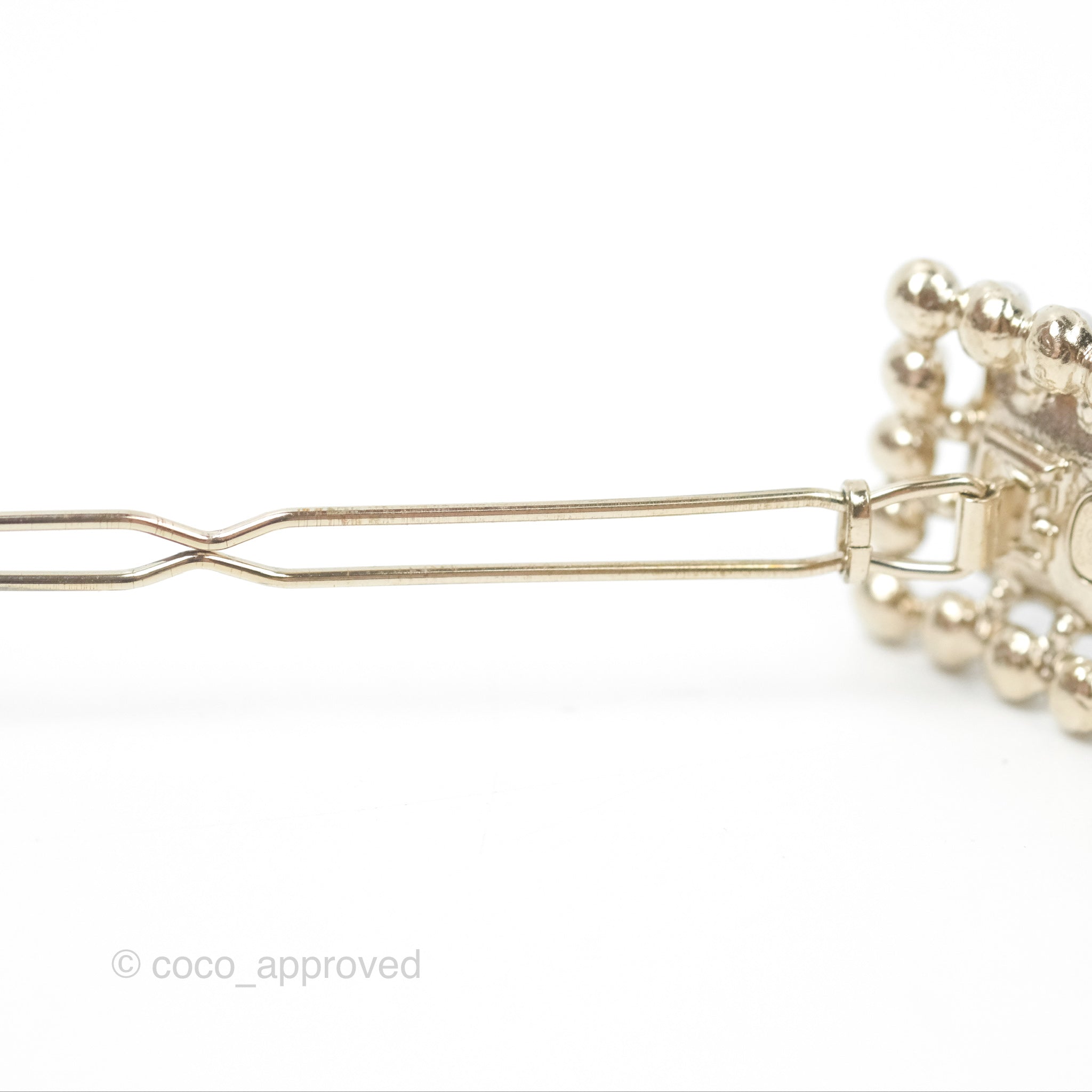Chanel CC Pearl Grey Resin Hair Clip with Gold Tone 21V - Elegant Hair Accessory for Women, Perfect for Parties, Weddings & Everyday Wear