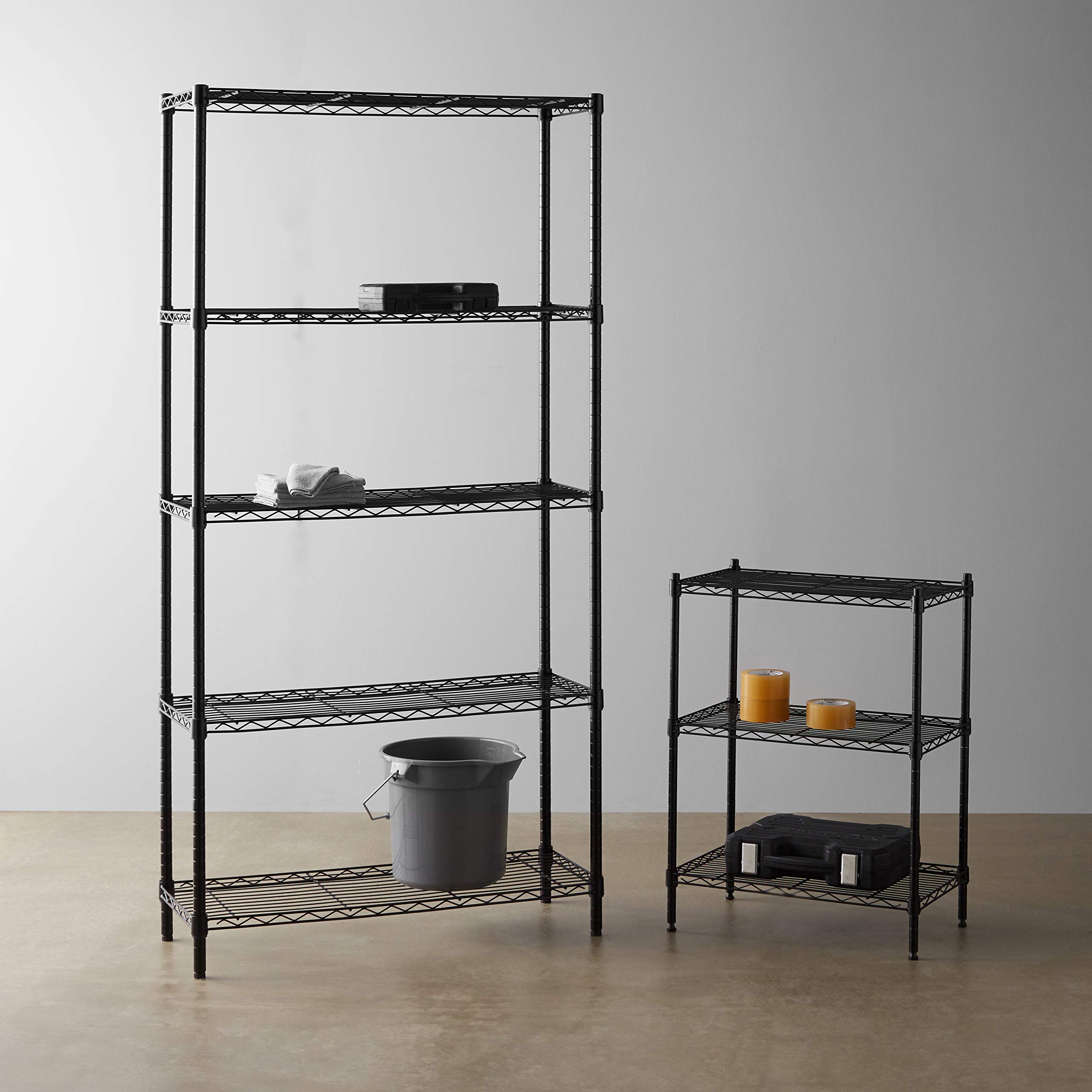 Amazon Basics 5-Shelf & 3-Shelf Adjustable Steel Storage Shelving Unit - Heavy Duty Wire Rack Organizer for Garage, Kitchen, Office - Black (Space-Saving Home & Commercial Storage Solution)