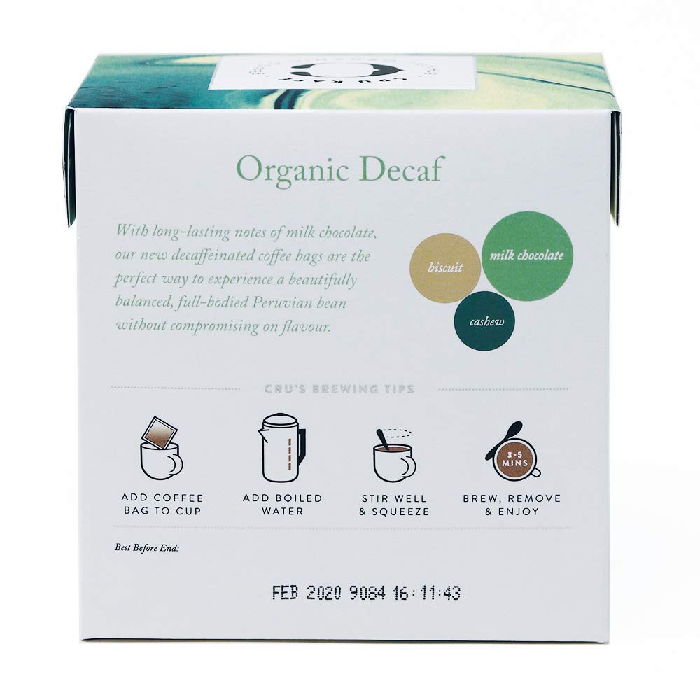 Organic Decaf Coffee Bags by Cru Kafe - Pack of 30 | Chemical-Free, Fair Trade Certified | Perfect for Home, Office & Travel Brewing