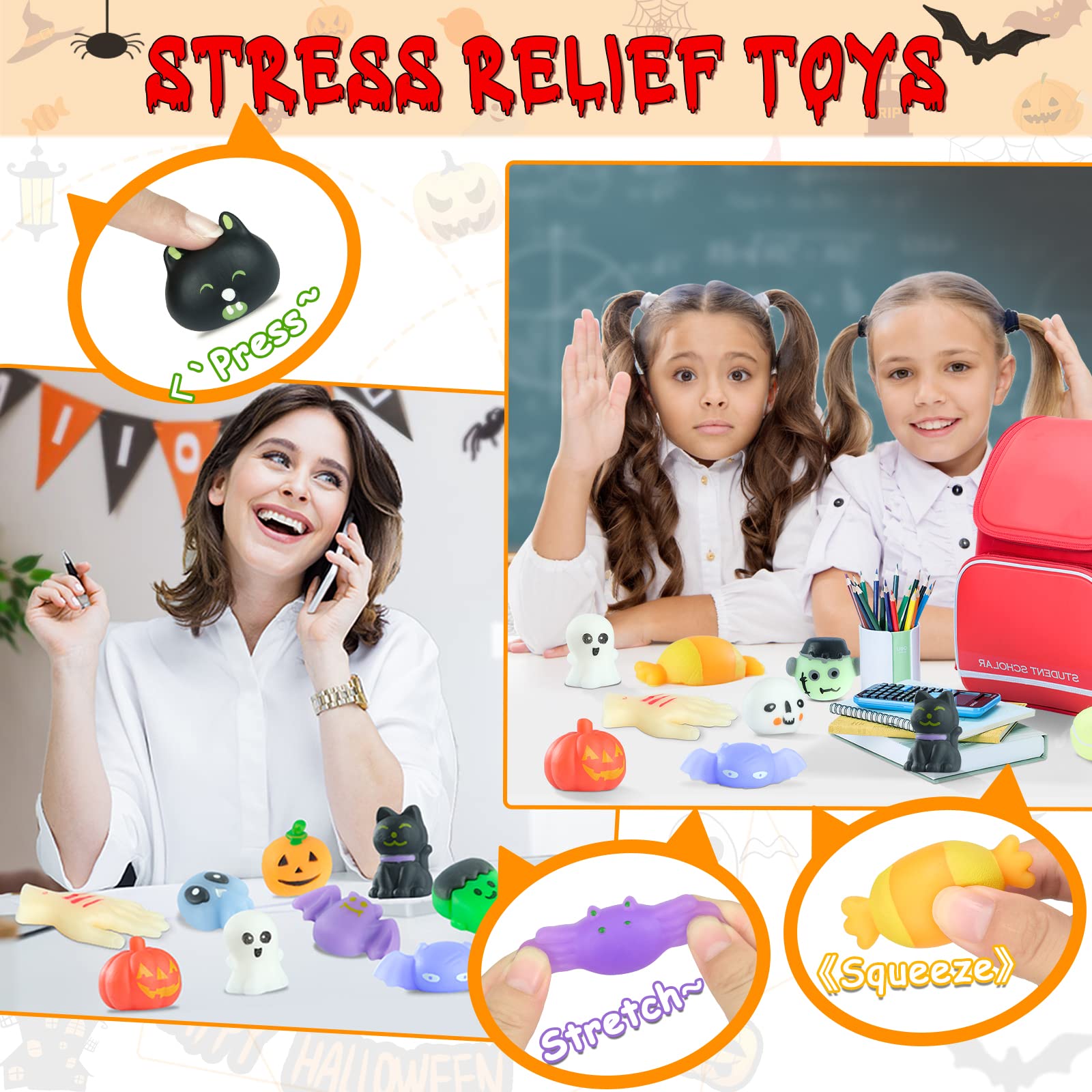 30Pcs Halloween Squishy Toys - Soft Mochi Stress Relief Toys for Kids, Trick or Treat Goodie Bag Fillers, Party Favors for Halloween, Birthday, Classroom Prizes & Piñata Fillers - Fun Sensory Toys for Boys and Girls