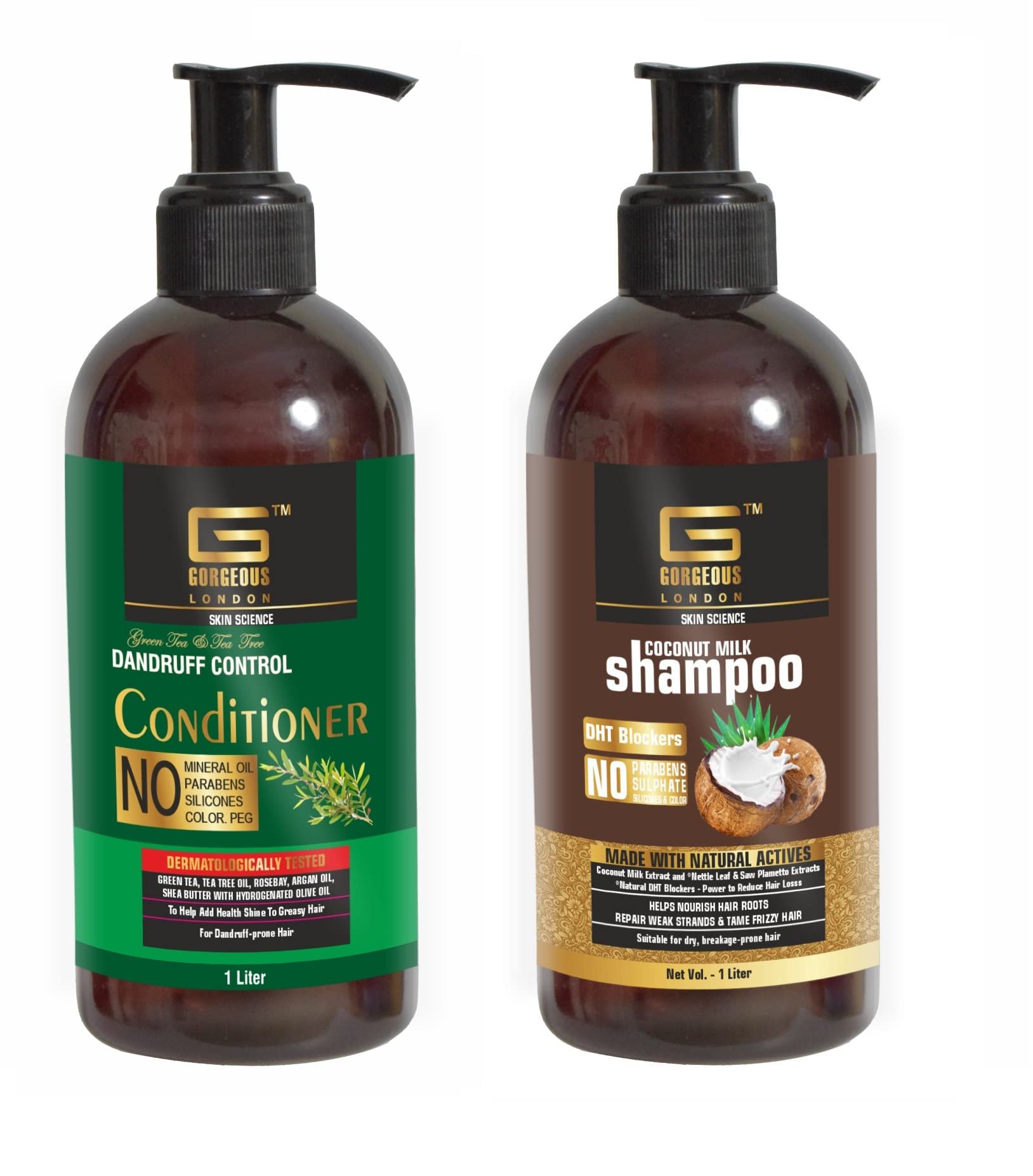 London Green Tea & Tea Tree Anti-Dandruff Conditioner 1L with Coconut Milk Shampoo 1L - Reduces Hair Loss, Nourishes Hair & Repairs Roots - For Dry, Damaged & Weak Hair - Perfect for Daily Hair Care Routine