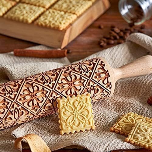 Engraved Wooden Rolling Pin for Baking - Christmas Cookie Stamps with Square Grid & Flower Window Design - Perfect for Embossed Cookies, Holiday Baking & Kitchen Decor